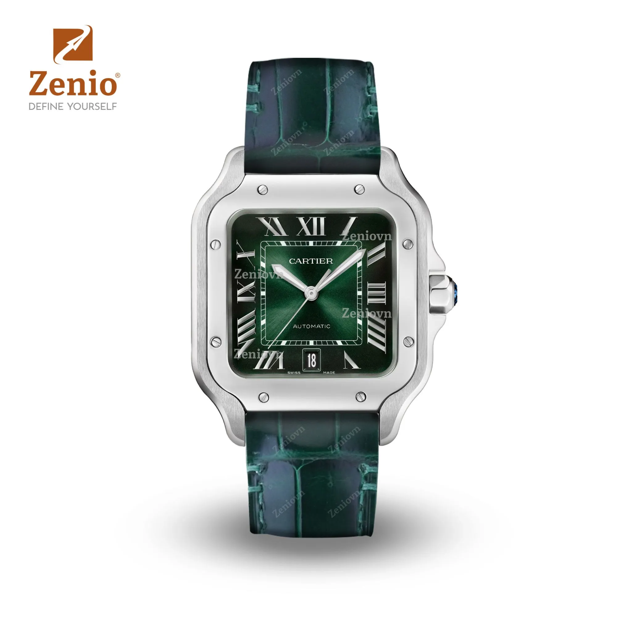 Dây đồng hồ Cartier Santos - Dây Da Cá Sấu Màu Xanh Lục Bảo - Khoá mới 2