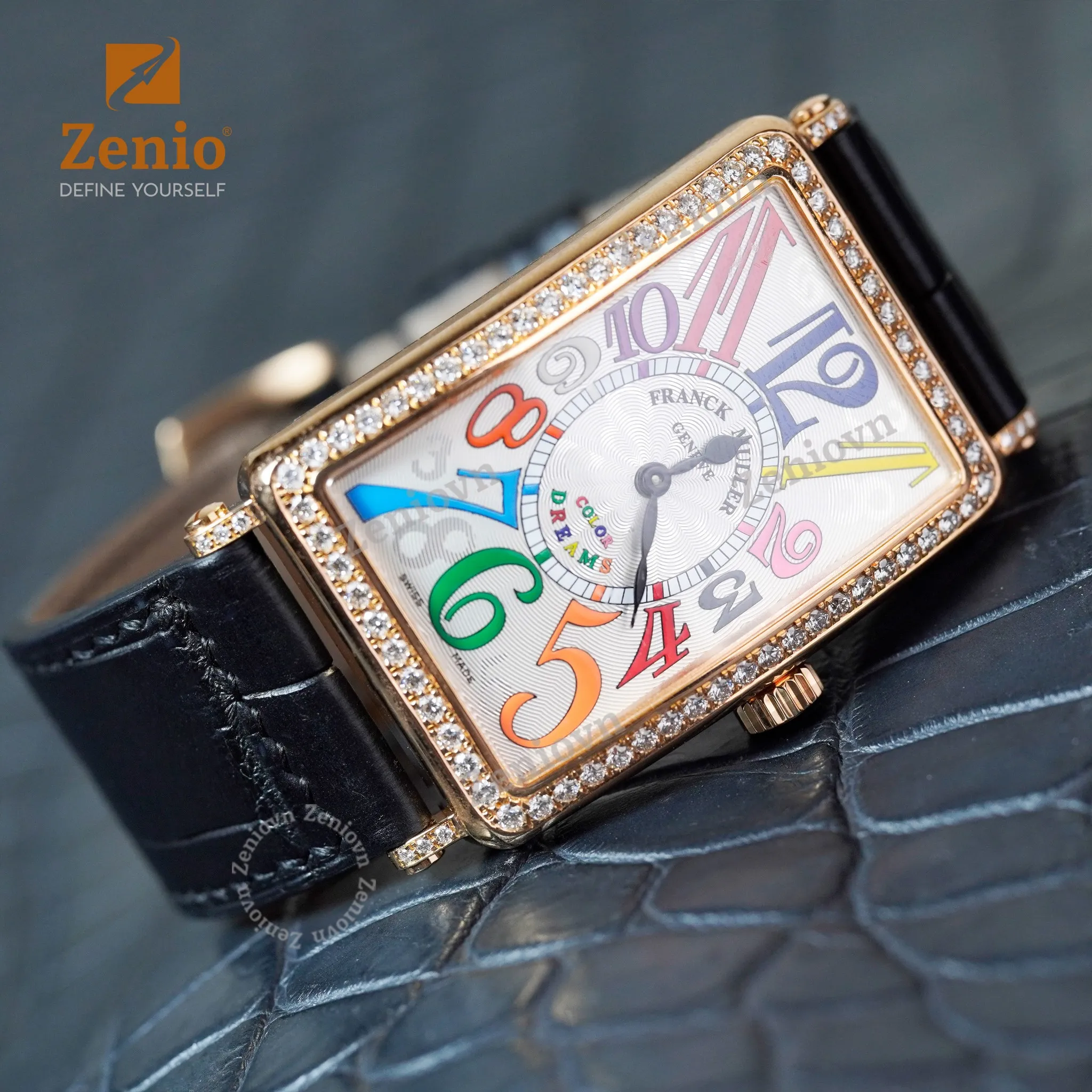 Dây da cá sấu - Alligator màu Đen cho đồng hồ Franck Muller LONG Island