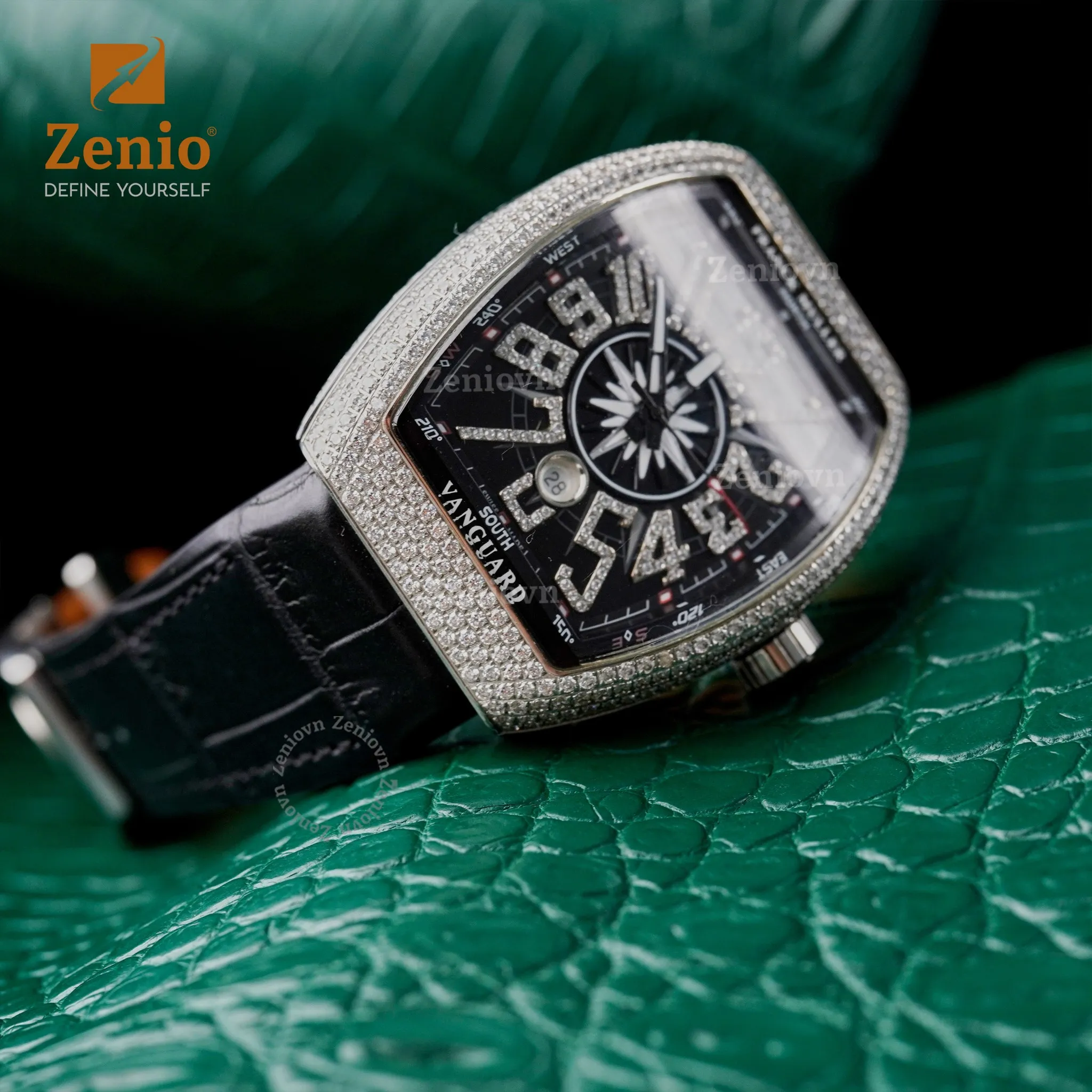 Dây đồng hồ Frank Muller Vanguard V45 - da cá sấu Alligator màu Đen