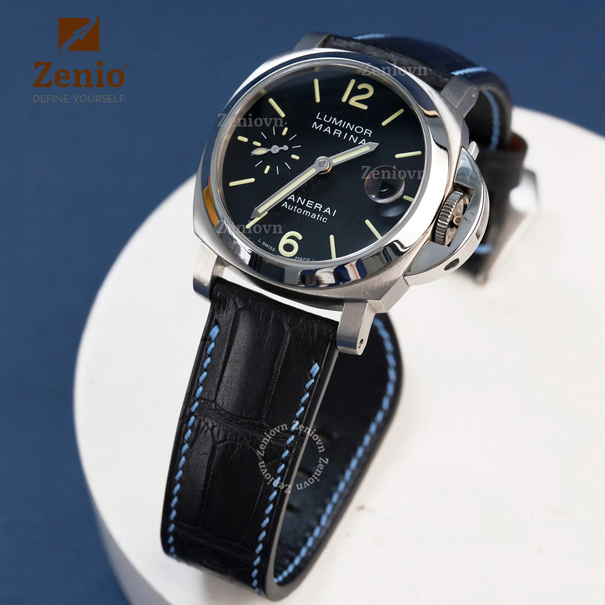 Dây đồng hồ Panerai - Da cá sấu màu đen mix chỉ xanh