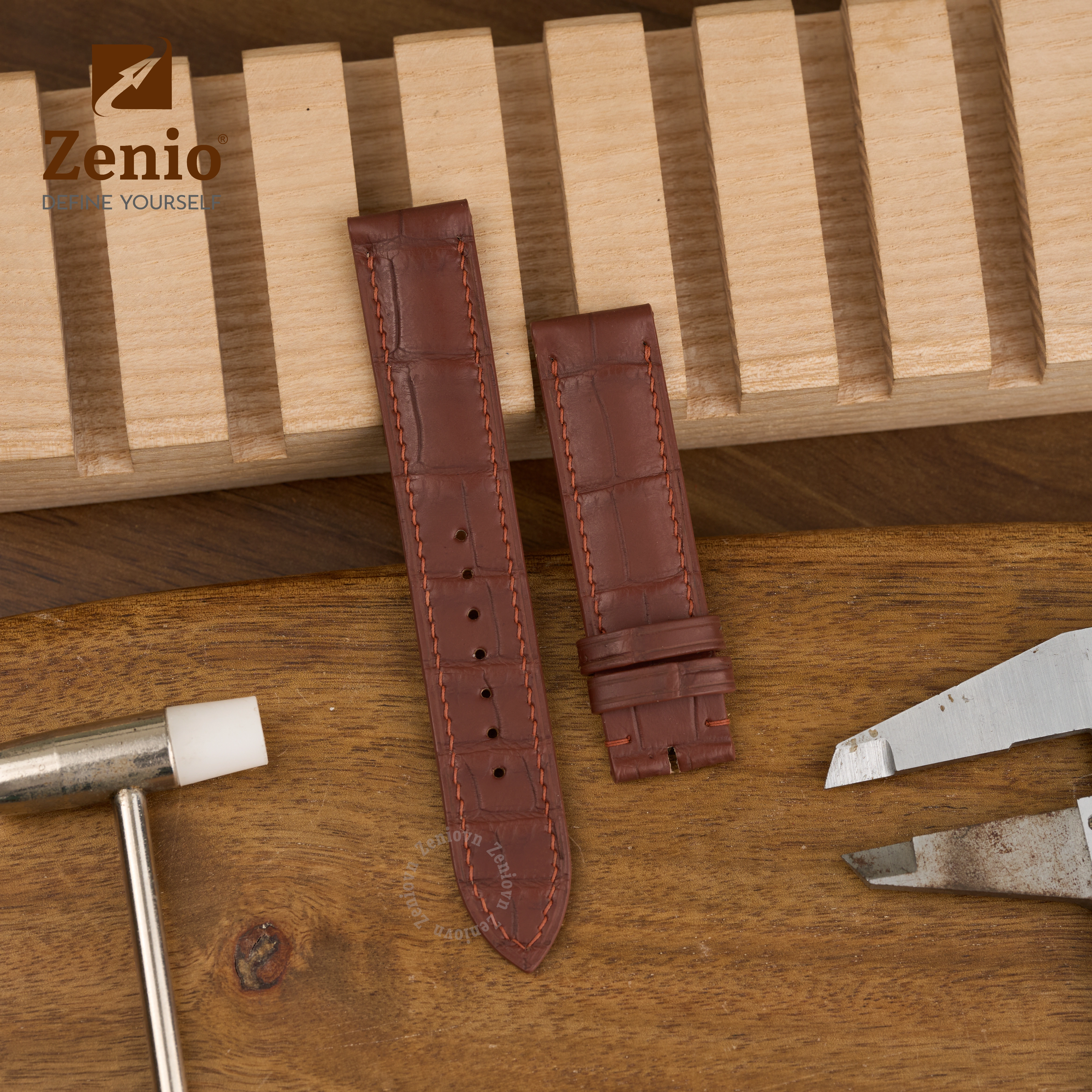 Dây da đồng hồ thay thế cho Classic Zenith Calatrava - Dây Da Cá Sấu Màu Nâu Đậm