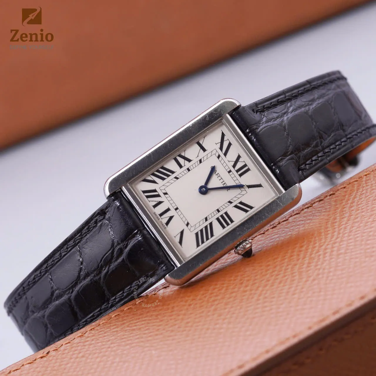 Dây đồng hồ Cartier Tank - Da Cá Sấu Màu Đen