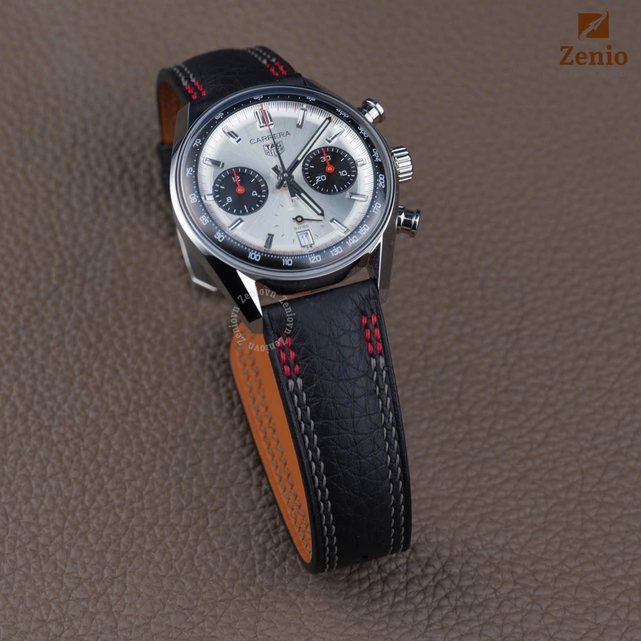 Dây đồng hồ Tag Heuer Carrera - Dây Da Togo Đen Đỏ