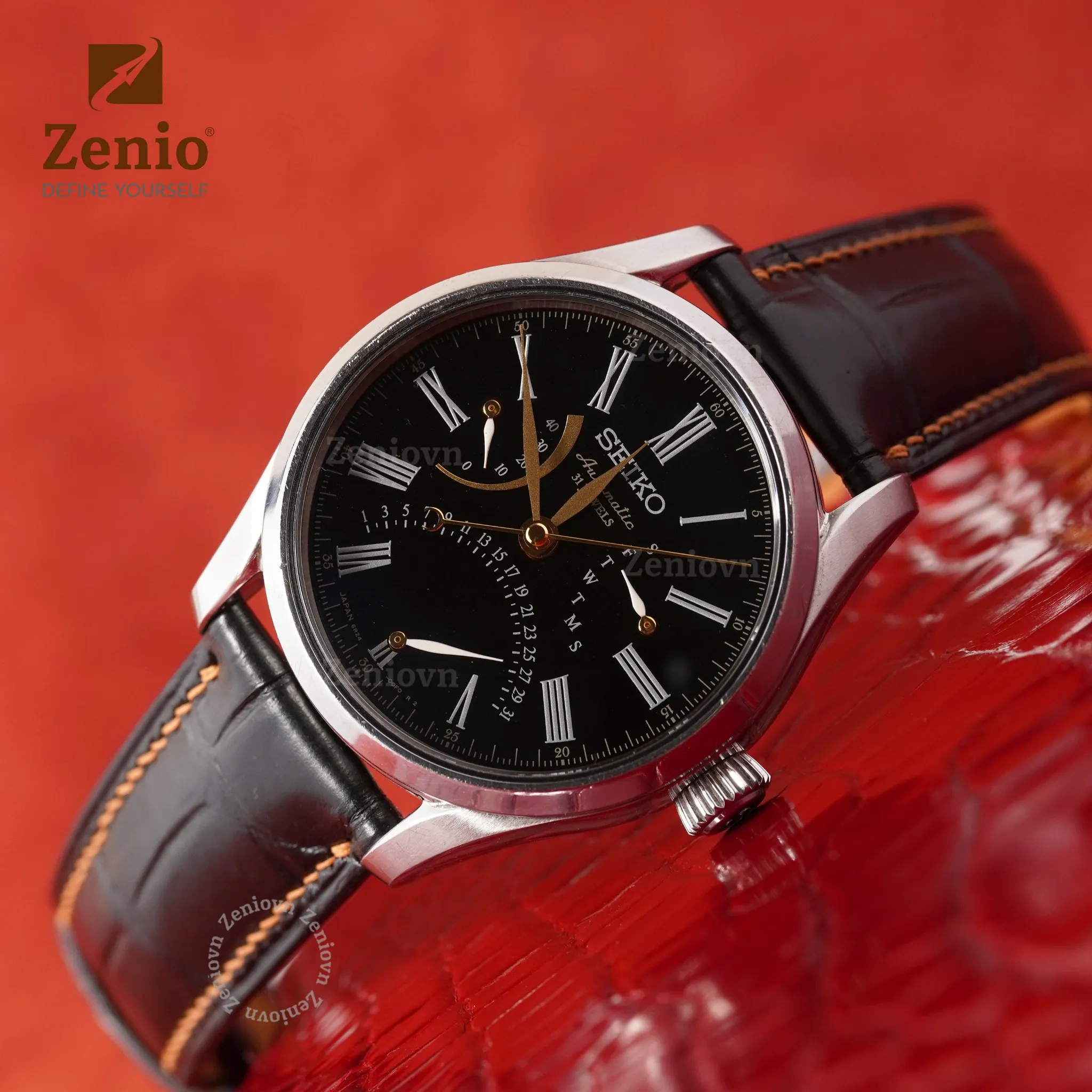 Dây Đồng Hồ Seiko - Dây Da Cá Sấu Đen Phối Chỉ Cam