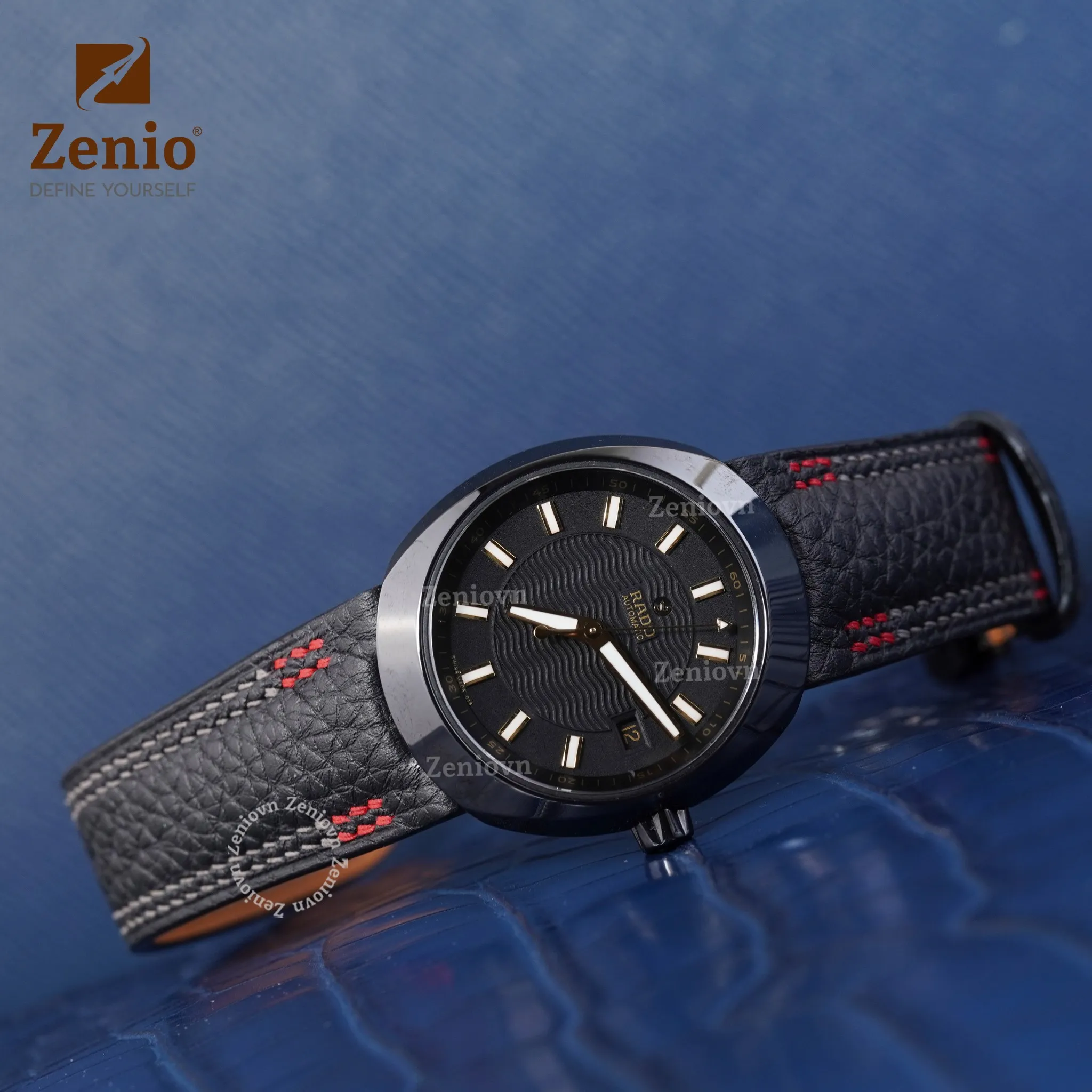 Dây Da Đồng Hồ Rado - Dây Da Alran Màu Nâu Mix Chỉ Đỏ
