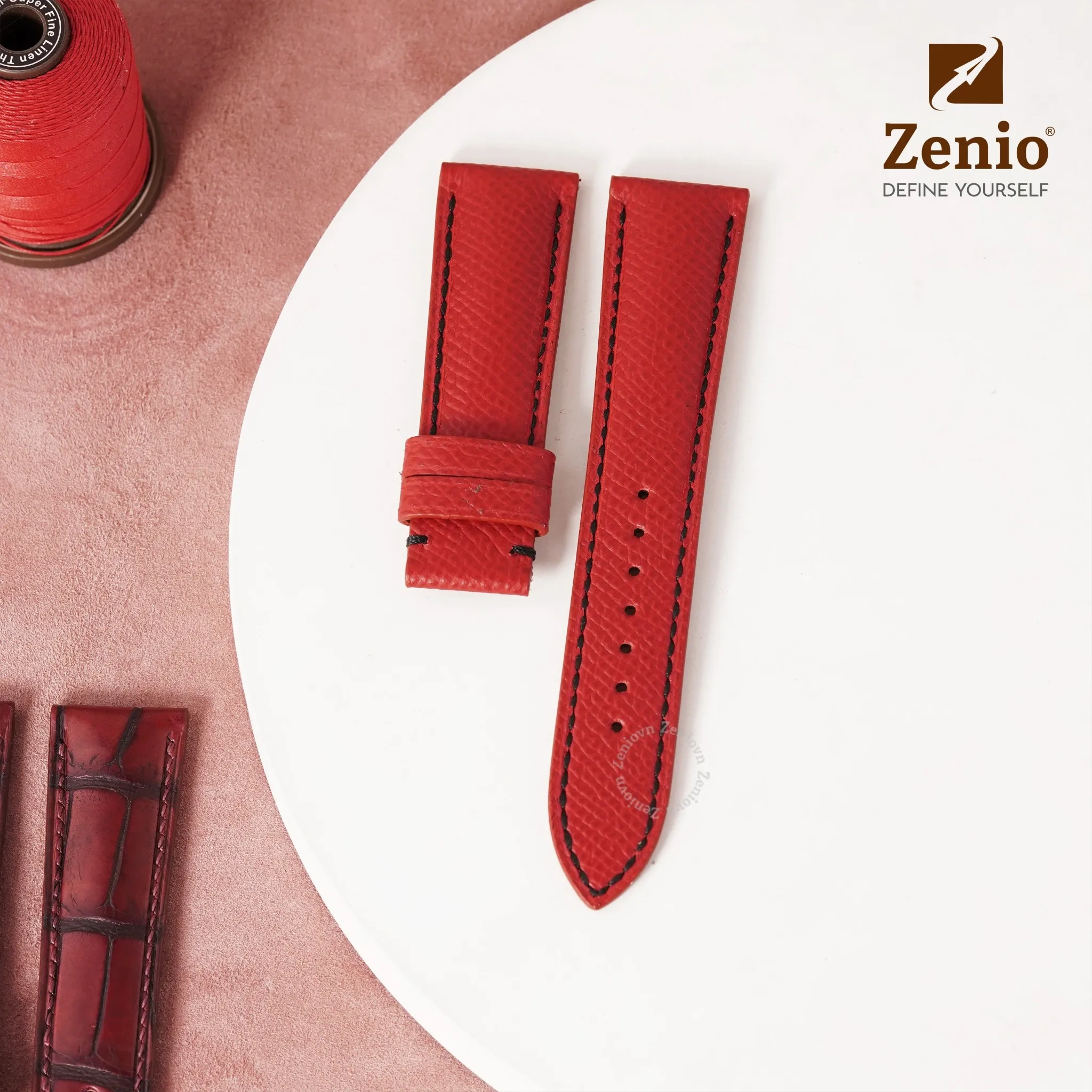 Dây đồng hồ Da Epsom Màu Đỏ Phối Chỉ Đen cho Đồng hồ Jaeger-LeCoultre