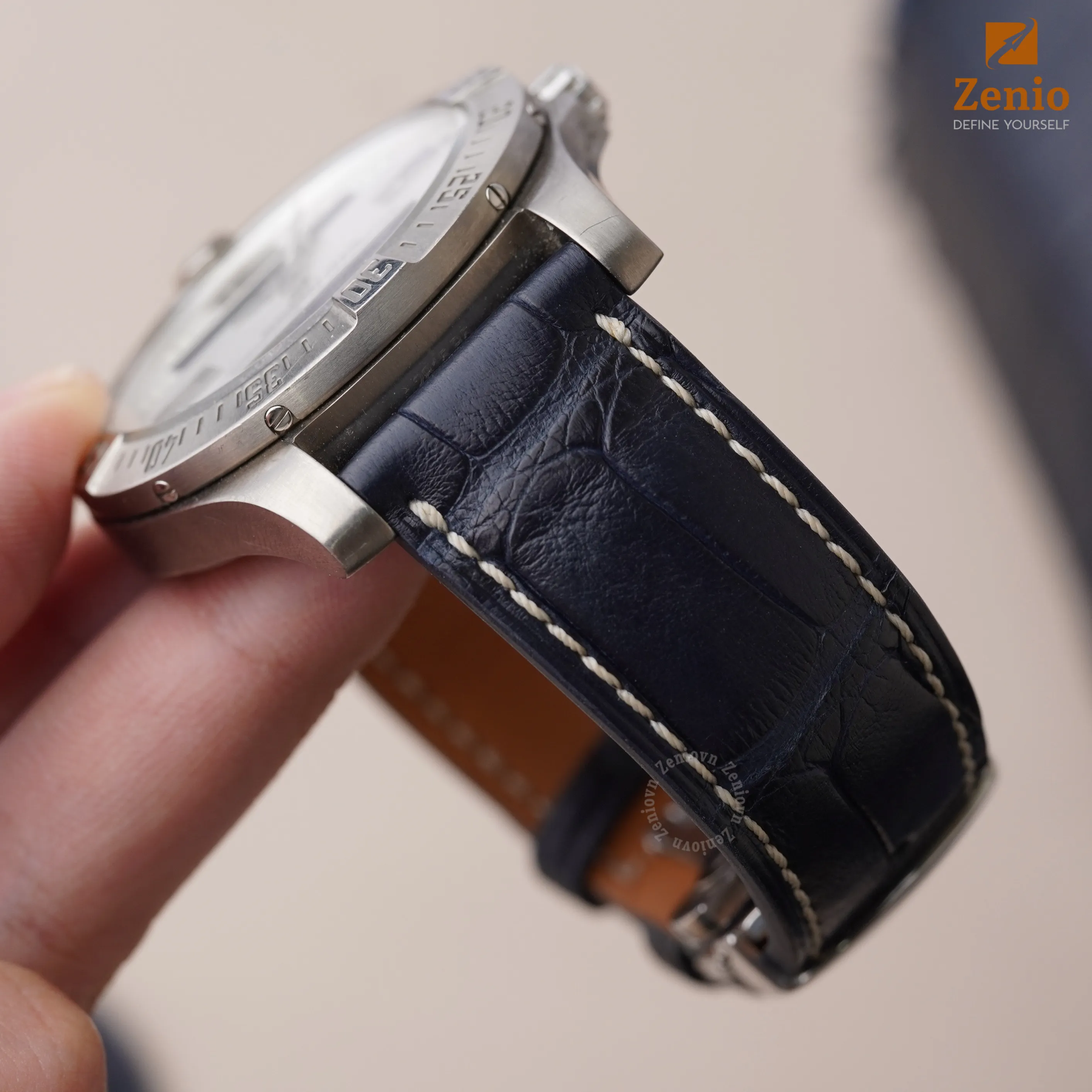 Dây đồng hồ Breitling - Dây Da Cá Sấu Navy Mix Chỉ Trắng 2