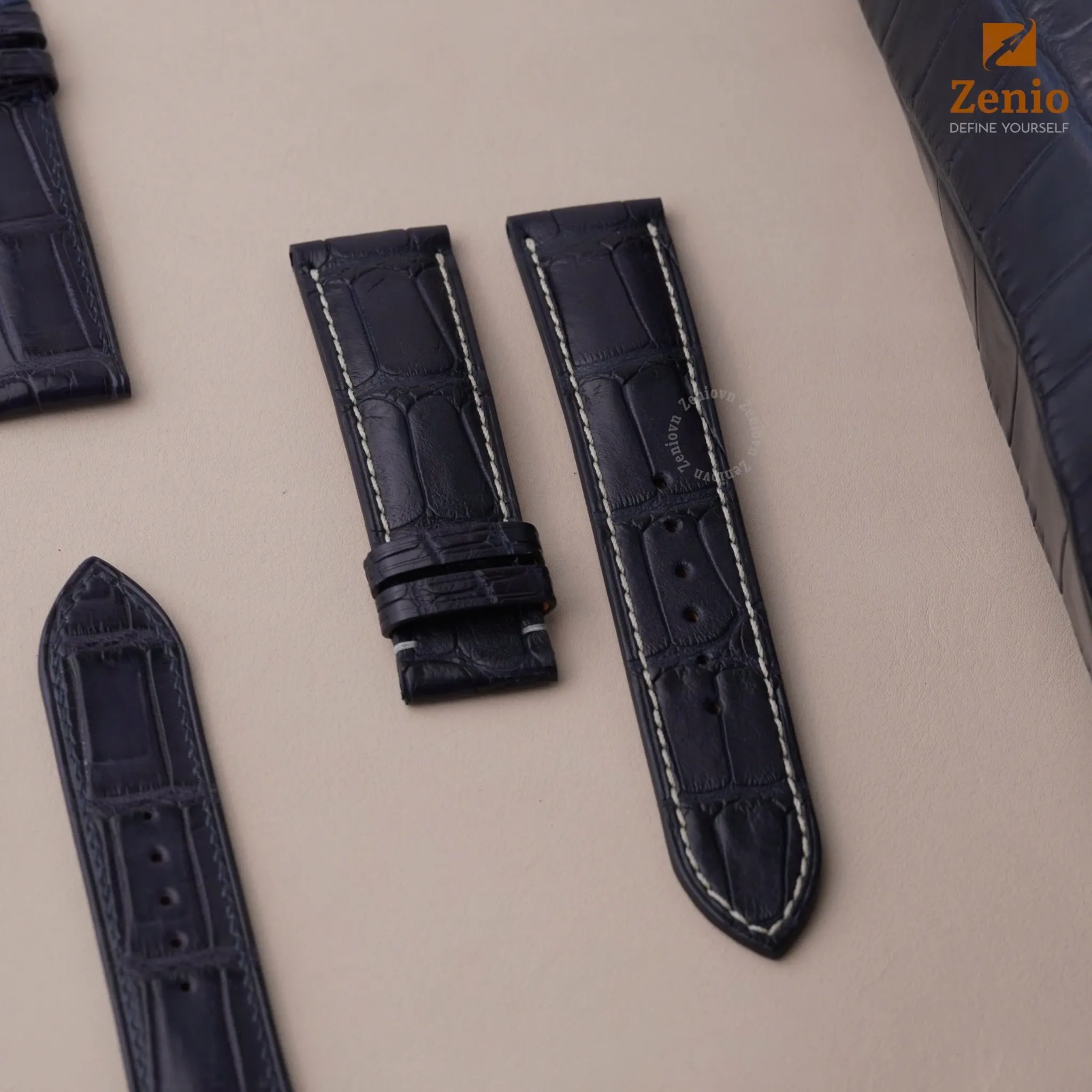 Dây đồng hồ Breitling - Dây Da Cá Sấu Navy Mix Chỉ Trắng 4