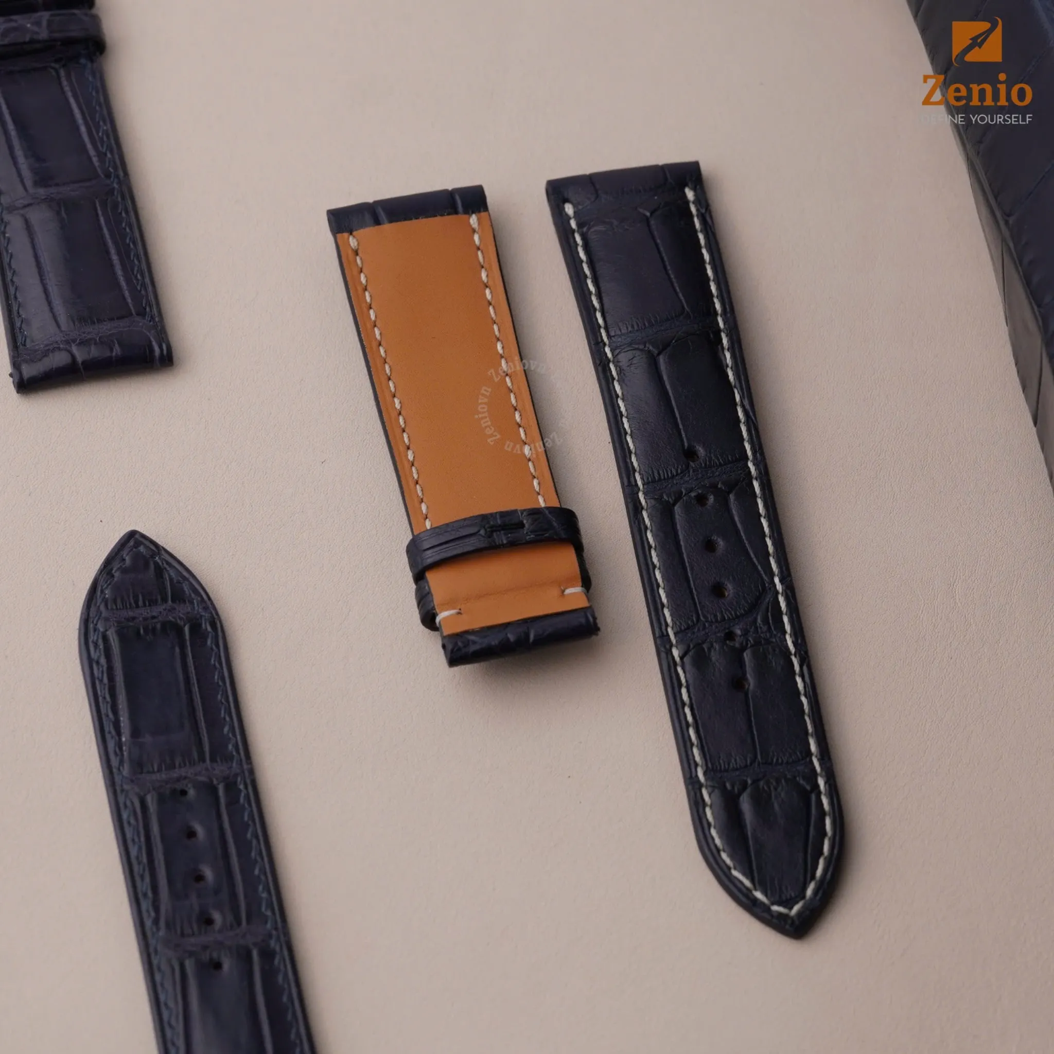 Dây đồng hồ Breitling - Dây Da Cá Sấu Navy Mix Chỉ Trắng 6