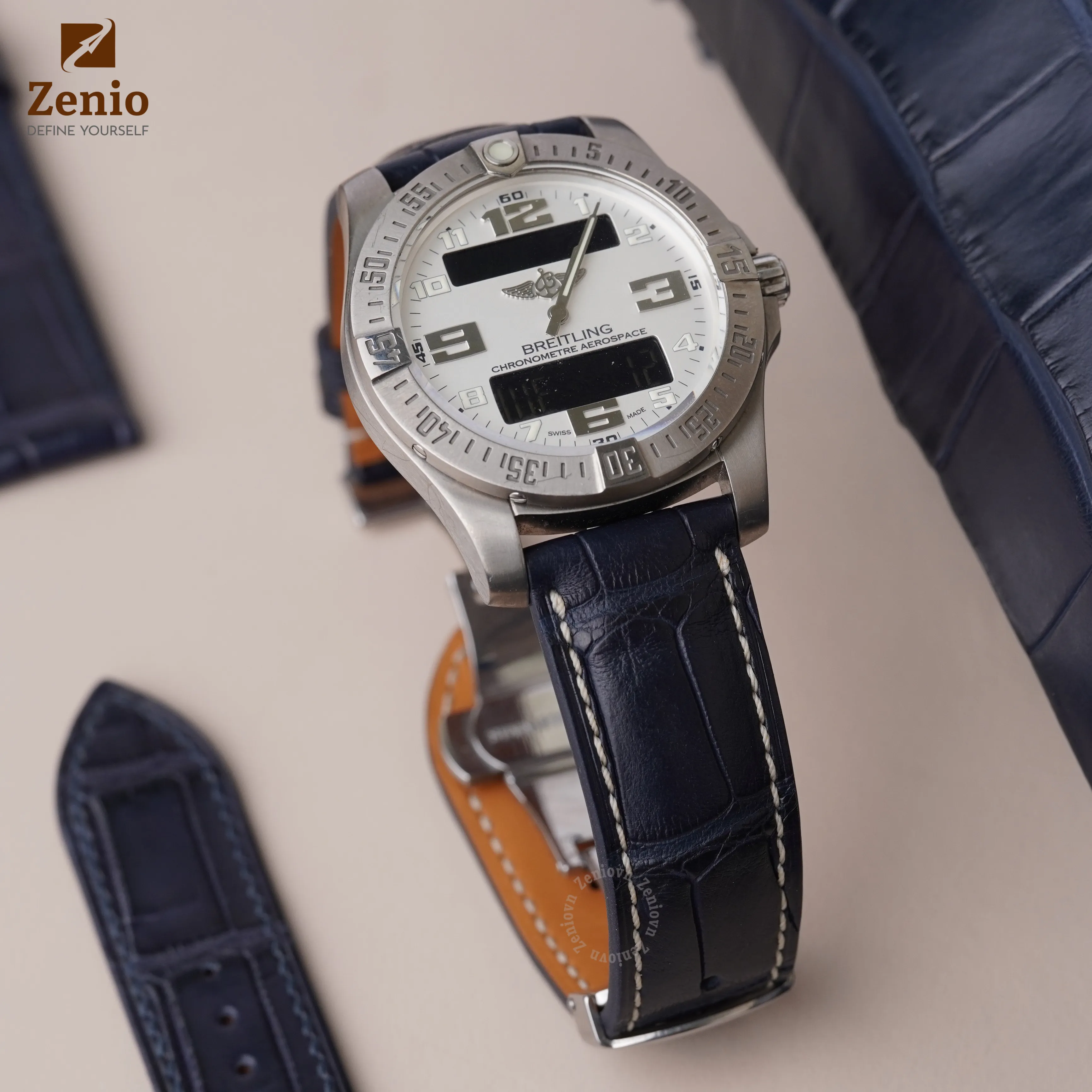 Dây đồng hồ Breitling - Dây Da Cá Sấu Navy Mix Chỉ Trắng