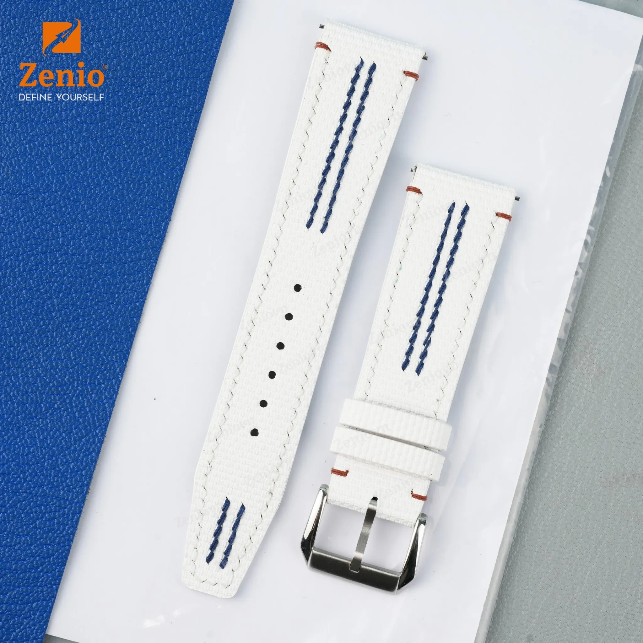 Dây đồng hồ hoạ tiết Sailcloth màu trắng, chỉ xanh – phong cách thể thao 2