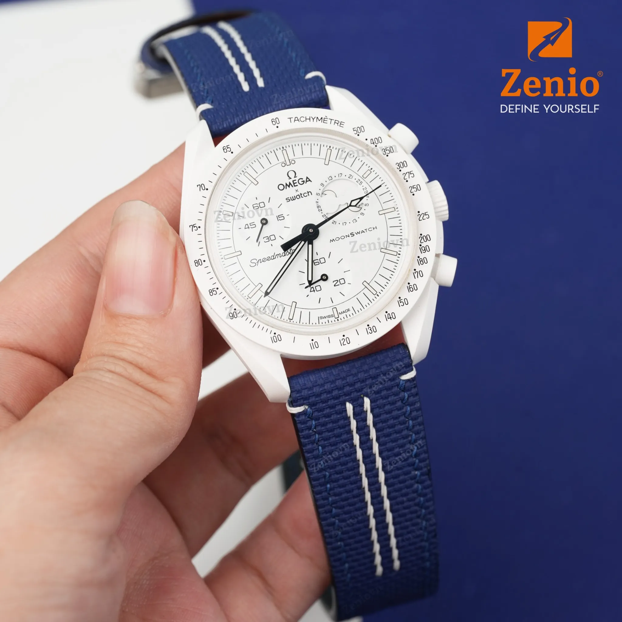 Dây đồng hồ hoạ tiết Sailcloth màu trắng, chỉ xanh – phong cách thể thao 4