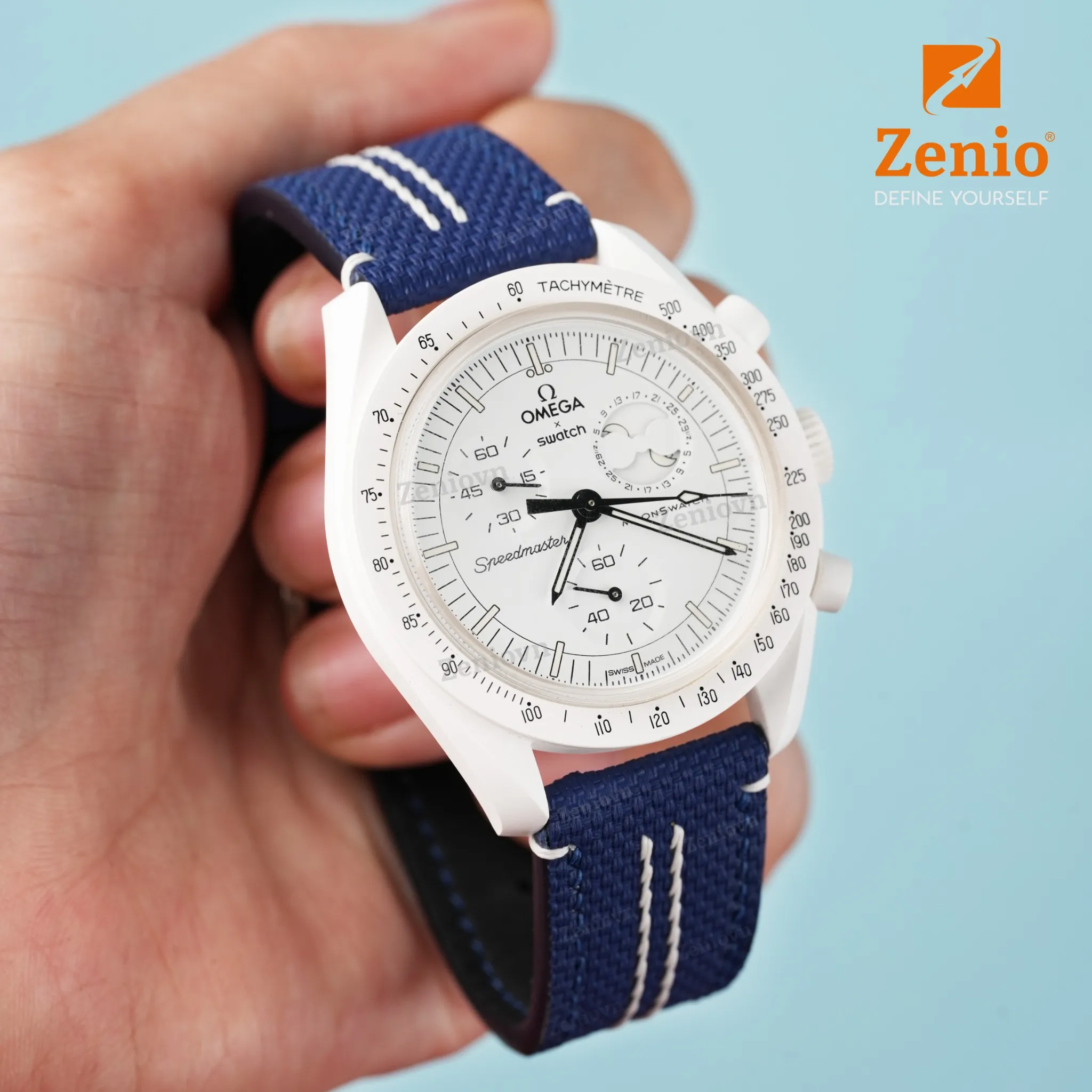 Dây đồng hồ hoạ tiết Sailcloth màu trắng, chỉ xanh – phong cách thể thao 5