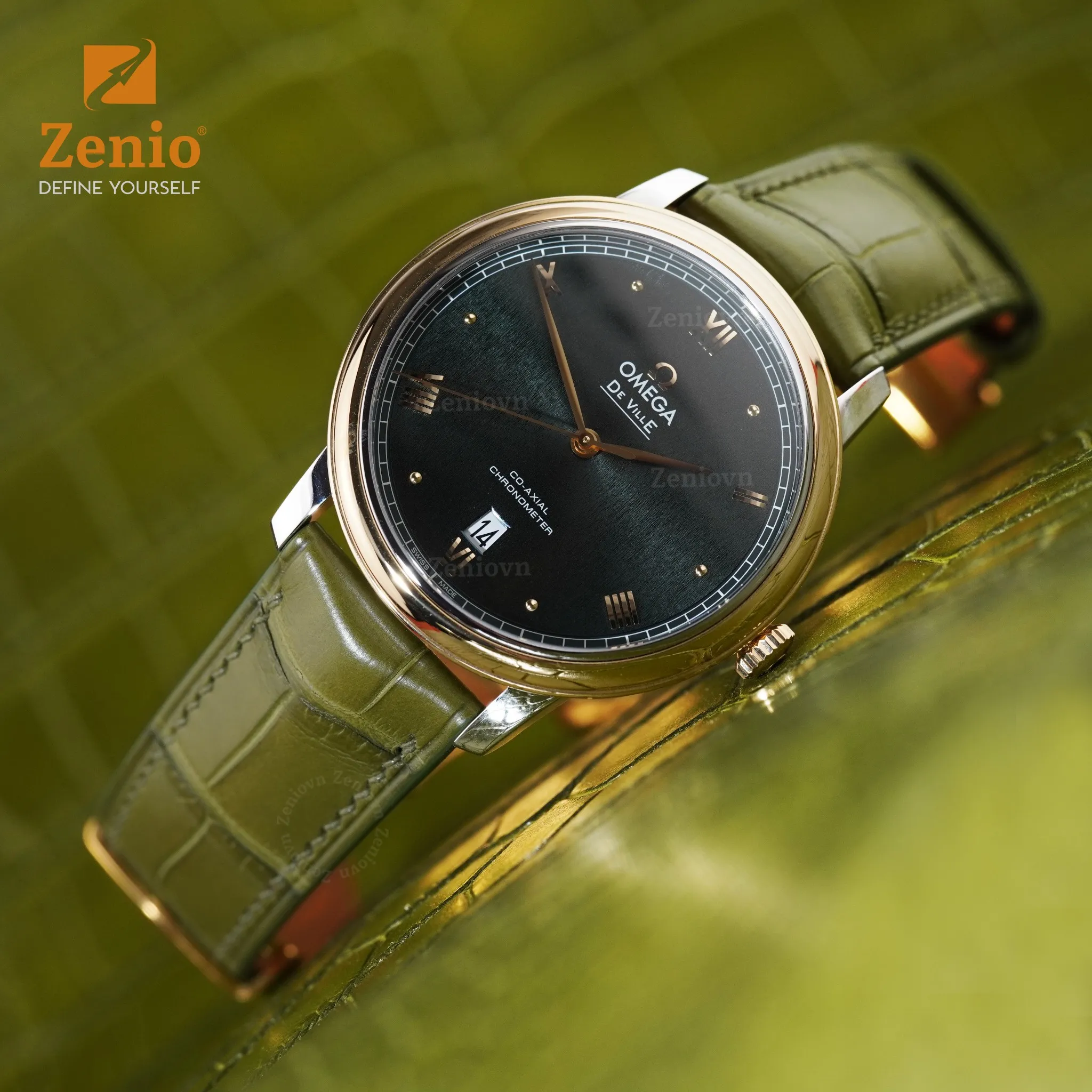 Dây đồng hồ Da Cá sấu Màu Olive cho đồng hồ Omega De Ville 2