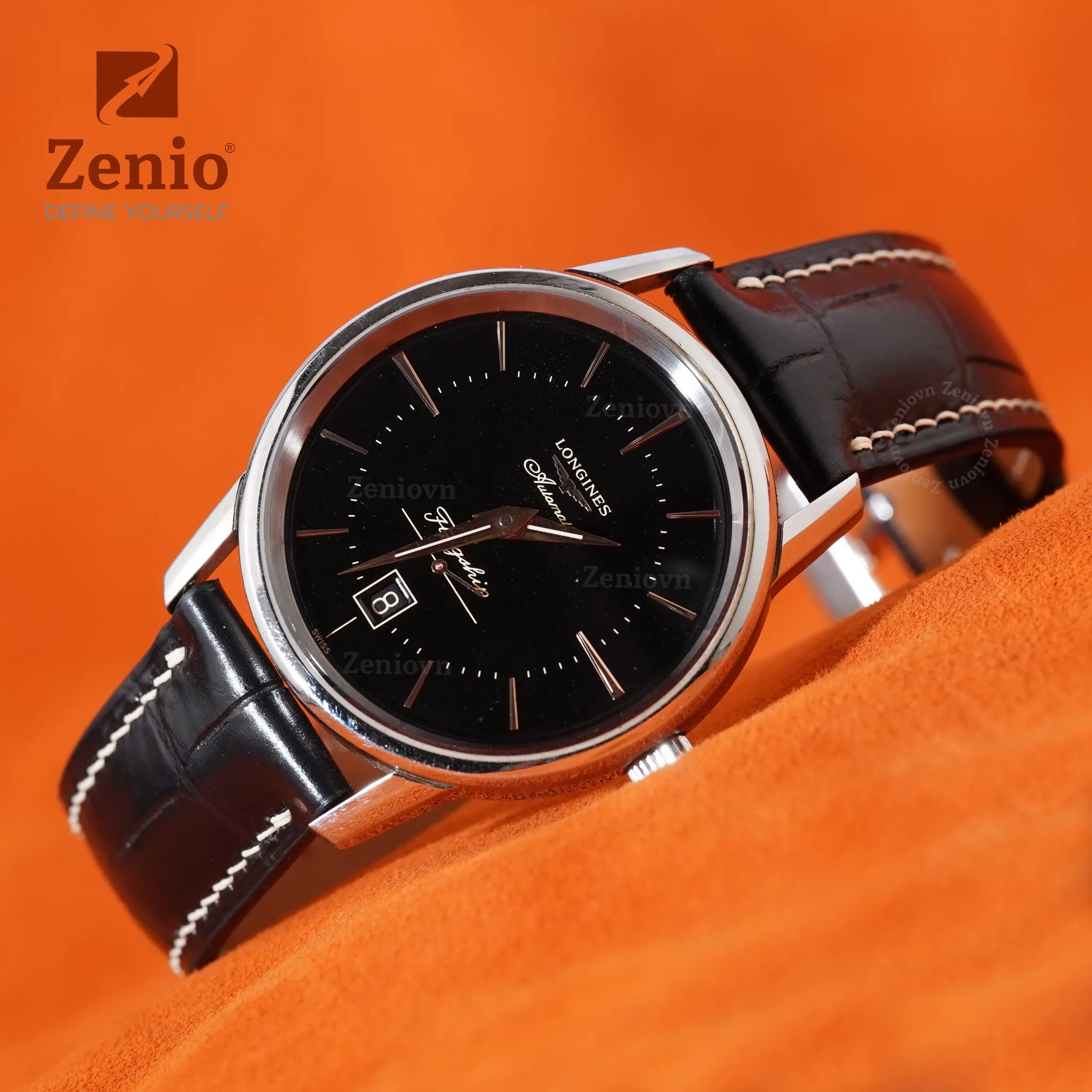 Dây đồng hồ Da Cá sấu Màu đen cho đồng hồ Longiness Conquest Heritage