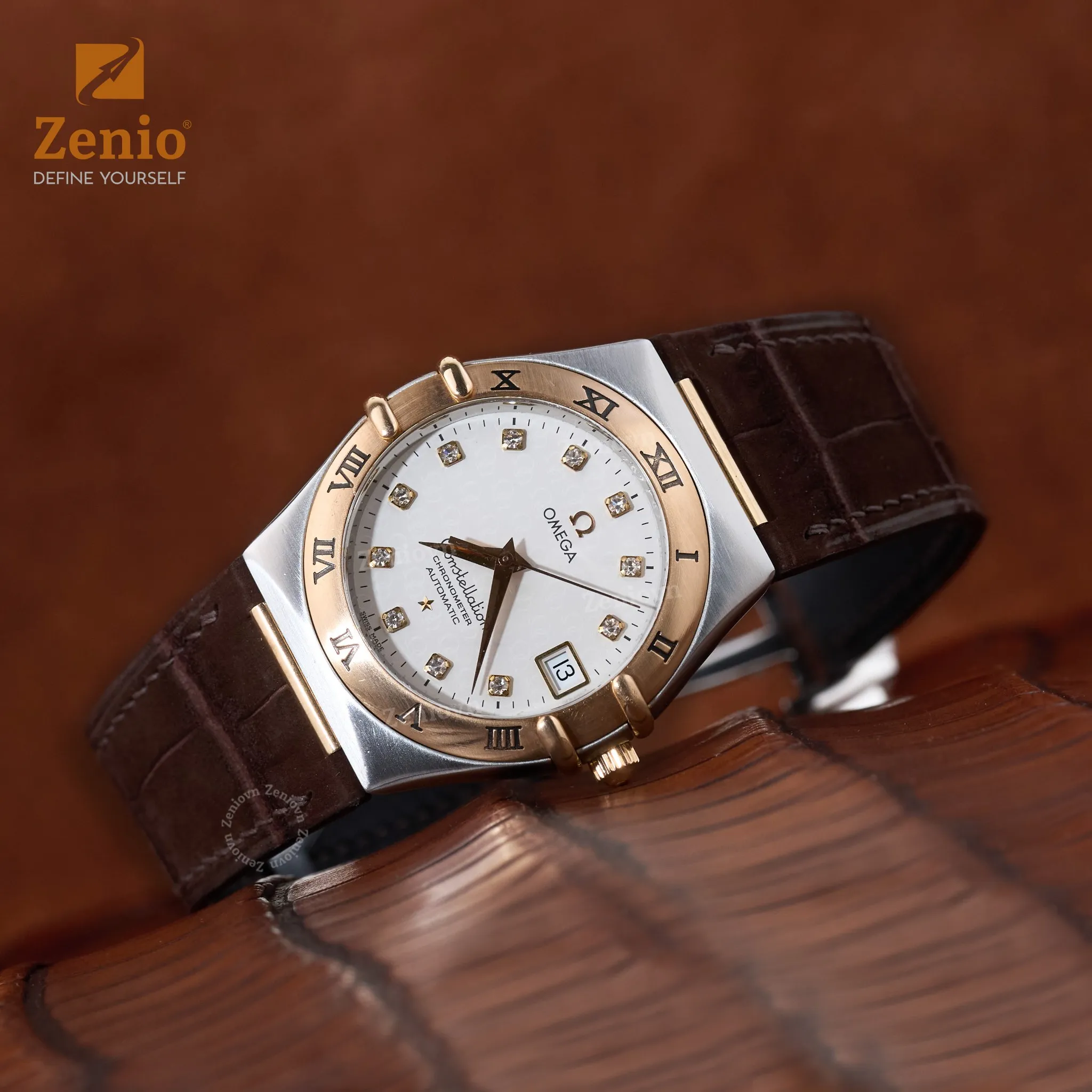 Dây đồng hồ Da Cá sấu Nubuck Màu Nâu cho đồng hồ Omega Constellation