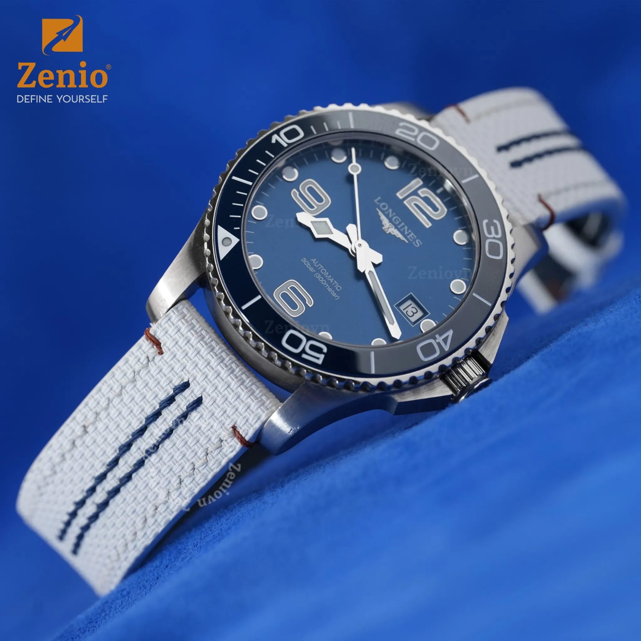 Dây đồng hồ Da hoạ tiết Sailcloth màu trắng, chỉ xanh - phong cách thể thao cho đồng hồ Longiness HydroConquest 3