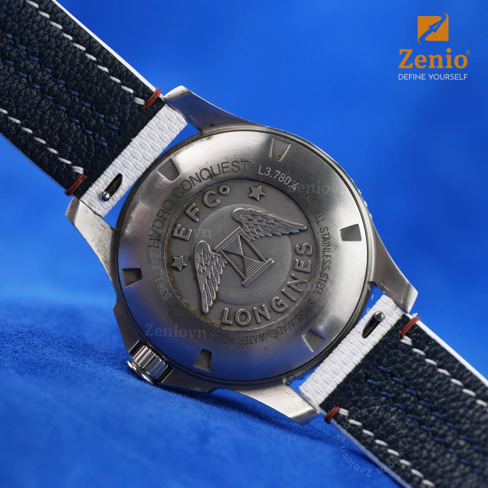 Dây đồng hồ Da hoạ tiết Sailcloth màu trắng, chỉ xanh - phong cách thể thao cho đồng hồ Longiness HydroConquest 4