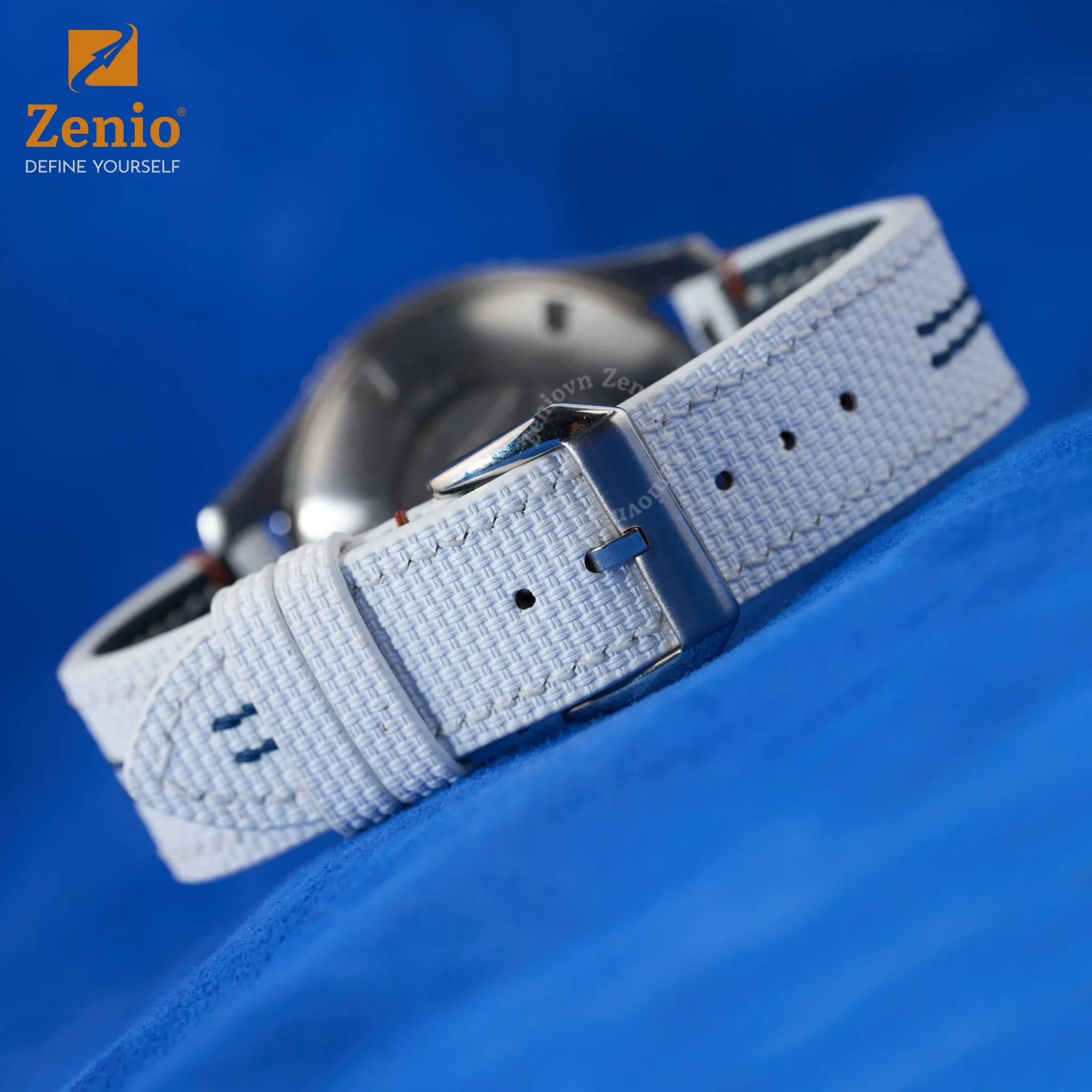 Dây đồng hồ Da hoạ tiết Sailcloth màu trắng, chỉ xanh - phong cách thể thao cho đồng hồ Longiness HydroConquest 5