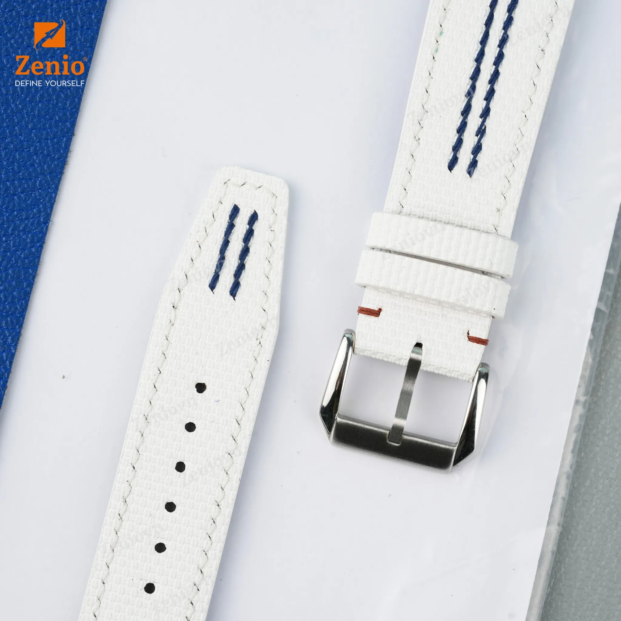 Dây đồng hồ Da hoạ tiết Sailcloth màu trắng, chỉ xanh - phong cách thể thao cho đồng hồ Longiness HydroConquest