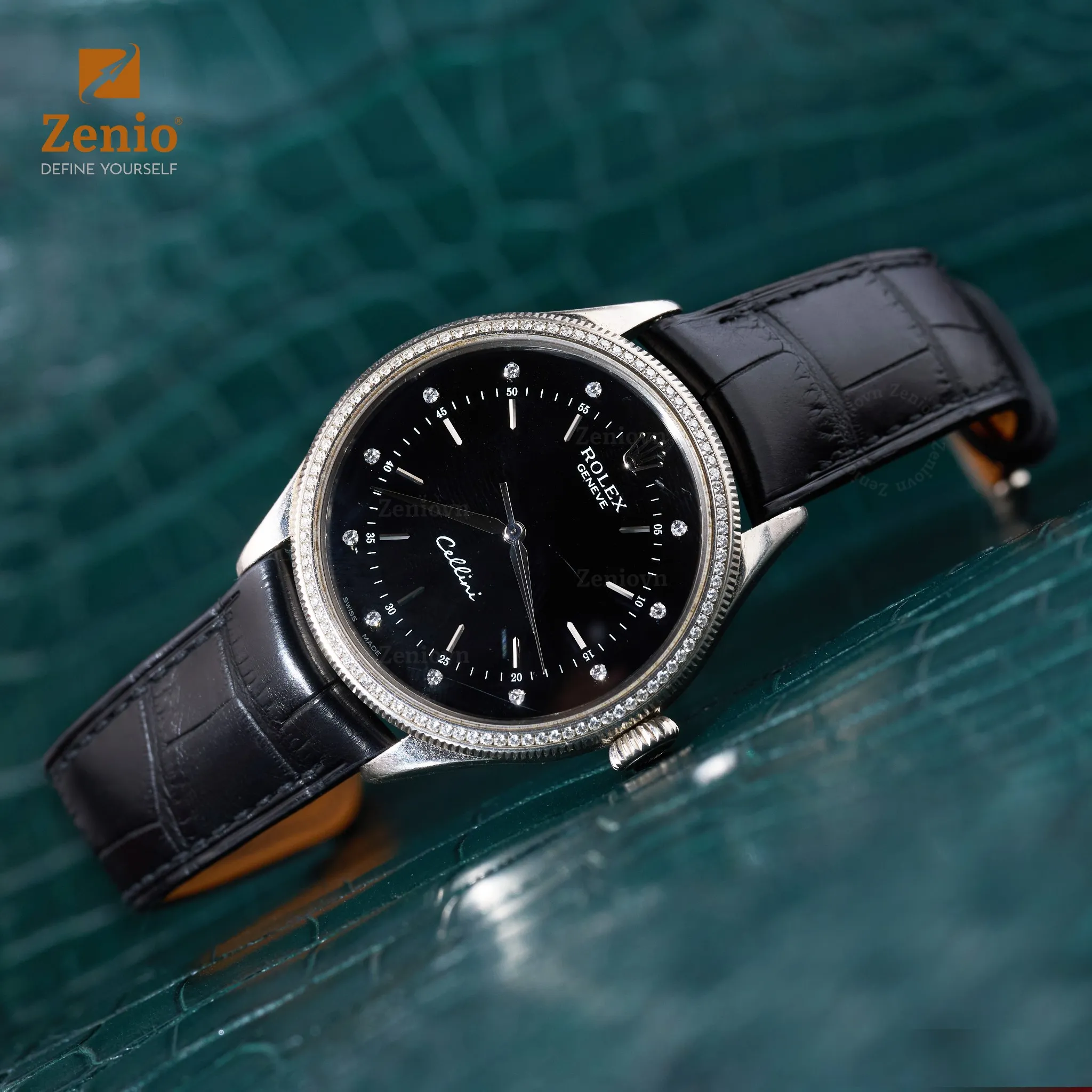 Dây đồng hồ Rolex Celini - Dây Da Cá Sấu Màu Đen Cốt Cong