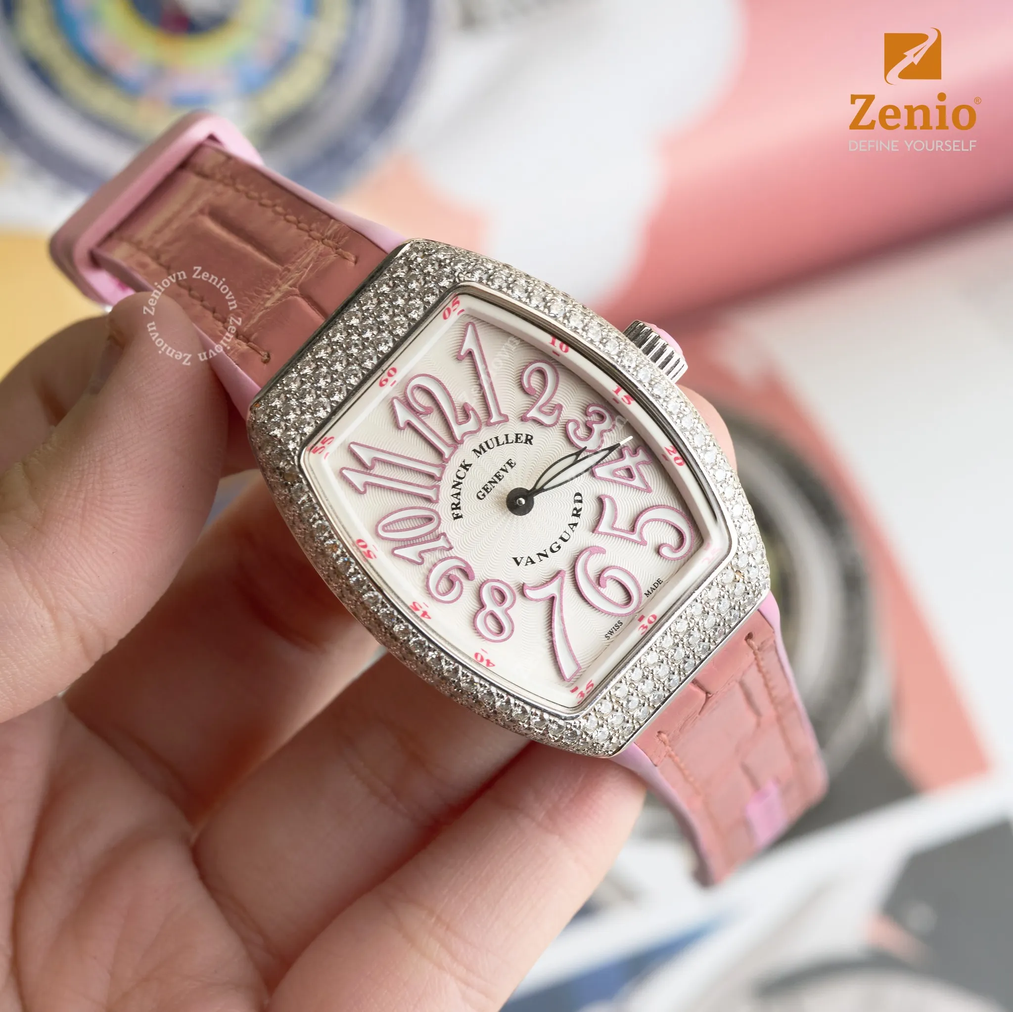 Bọc lại da Cá sấu Hồng lên dây Cao Su Zin cho đồng hồ Frank Muller Vanguard 2