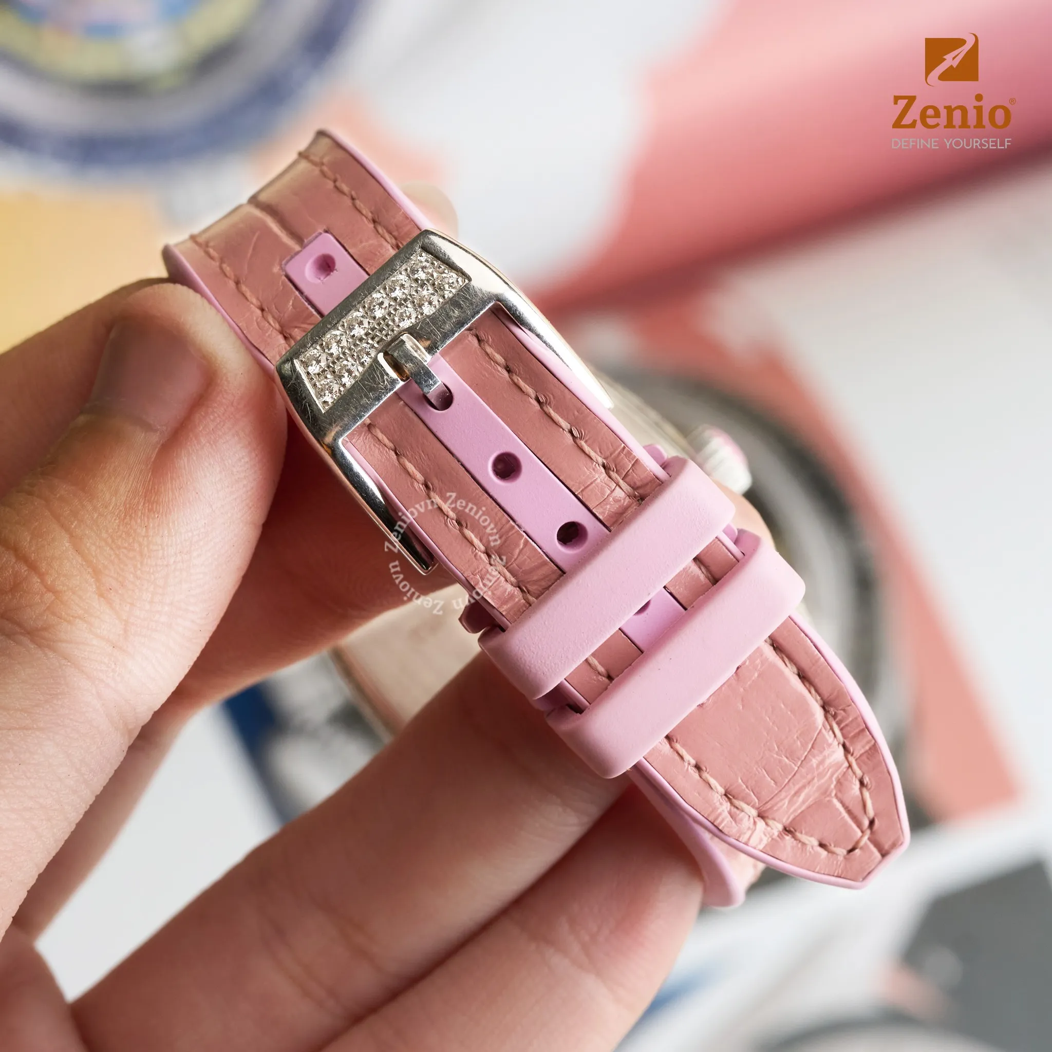 Bọc lại da Cá sấu Hồng lên dây Cao Su Zin cho đồng hồ Frank Muller Vanguard 4