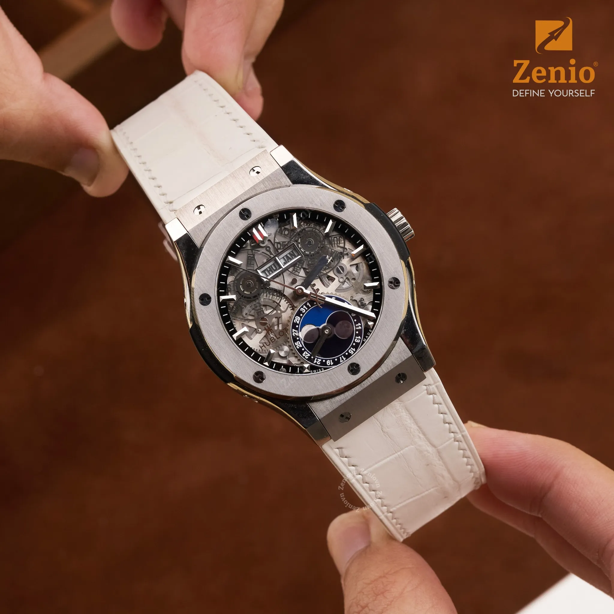 Dây da đồng hồ Da cá sấu màu Himalaya cho đồng hồ Hublot Fushion