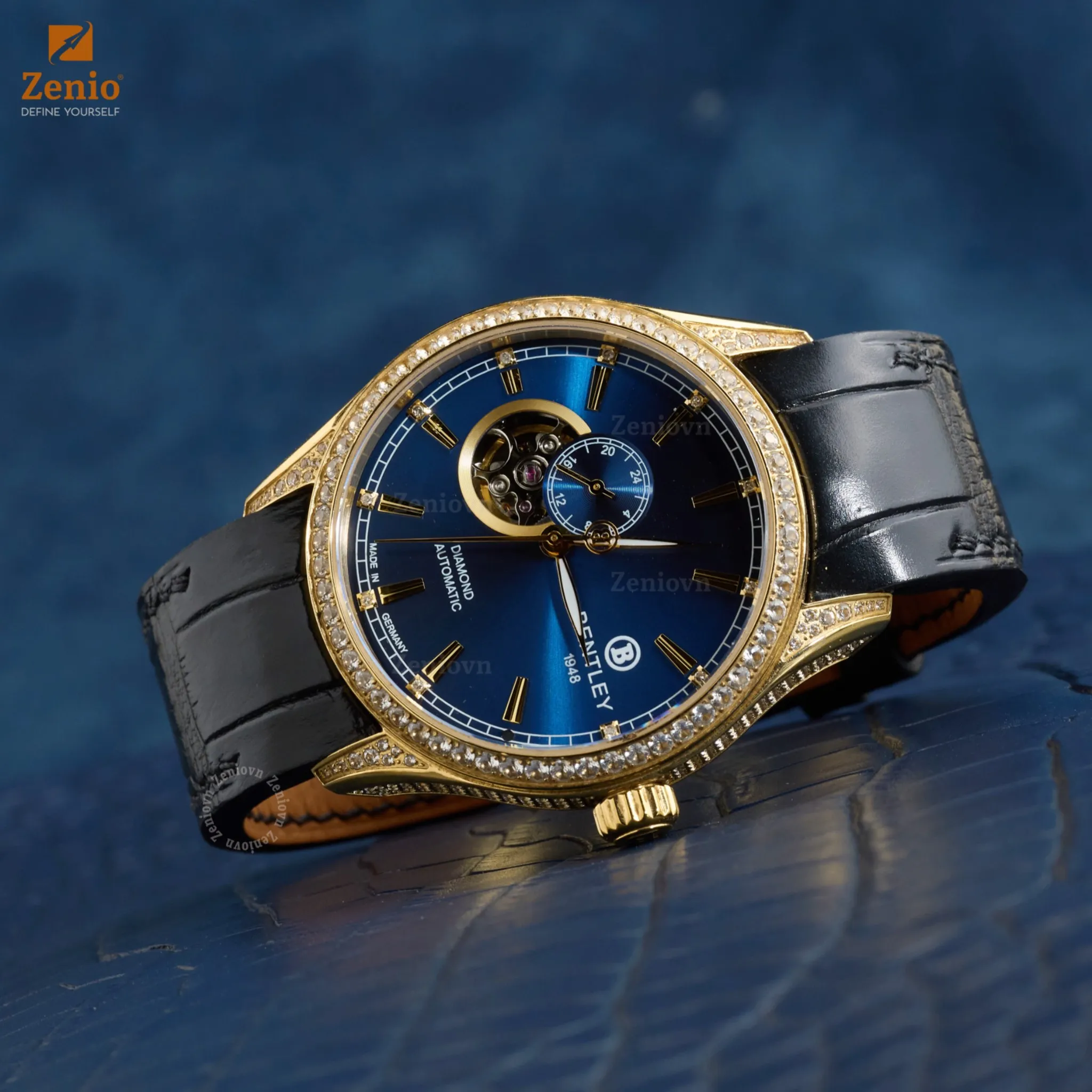 Dây đồng hồ Da Cá sấu Màu đen bo tròn cho đồng hồ Bentley