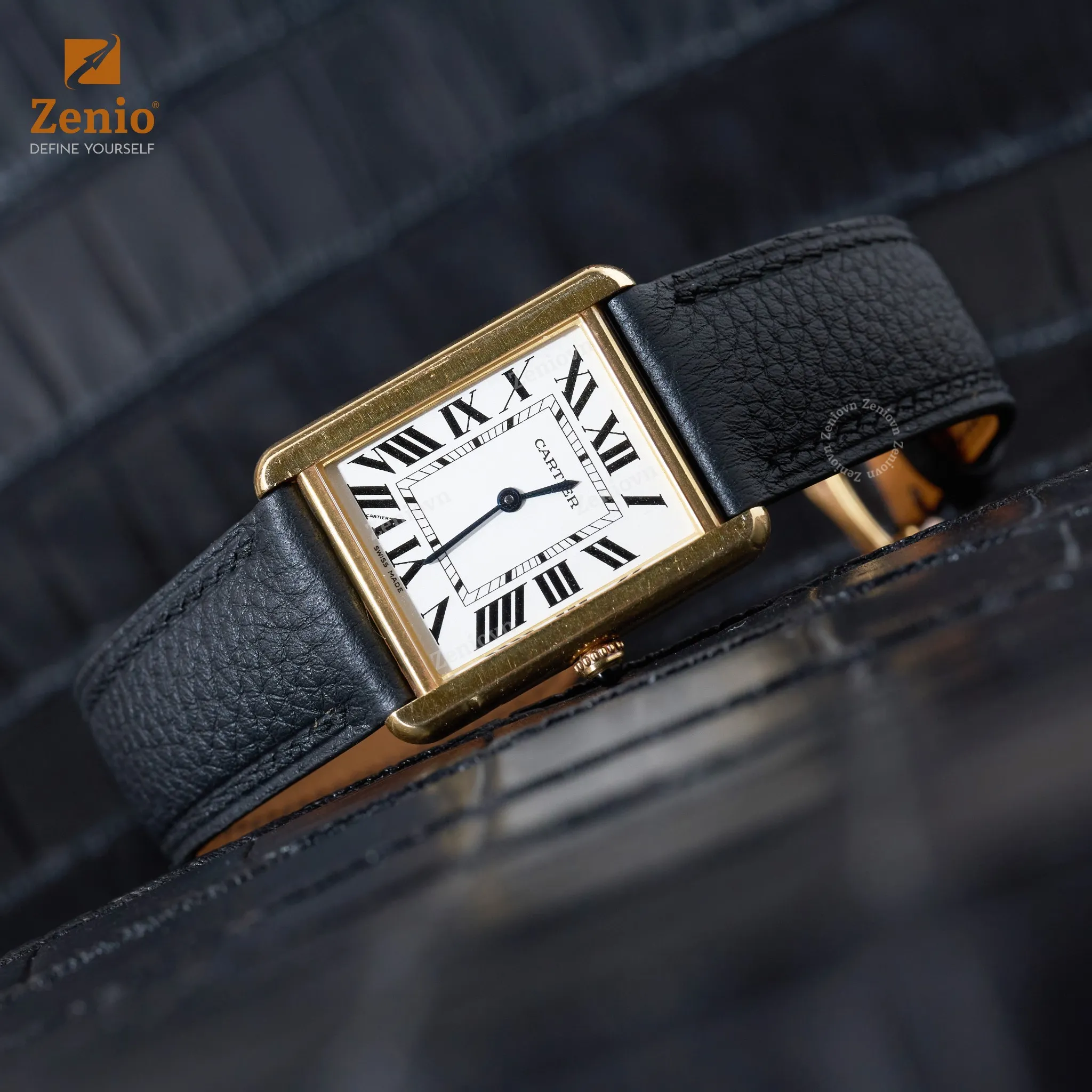 Dây đồng hồ Da Togo Màu đen cho đồng hồ Cartier Tank
