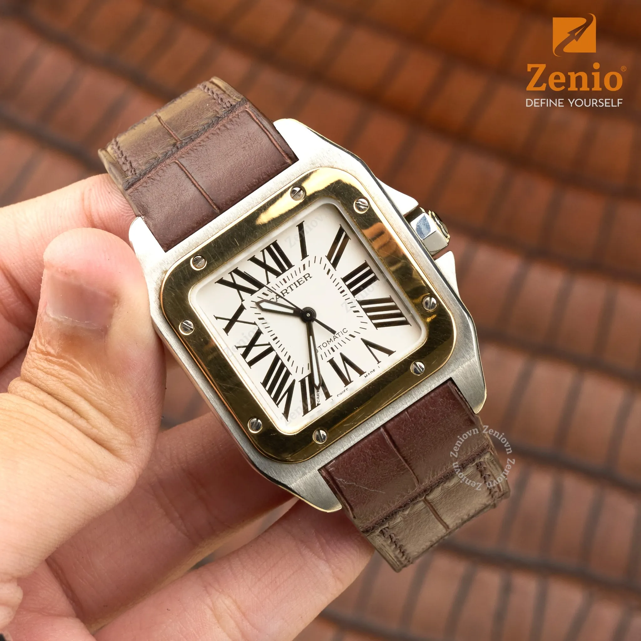 Dây đồng hồ Da cá sấu Màu Nâu Nicotin cho đồng hồ Cartier Santos 3