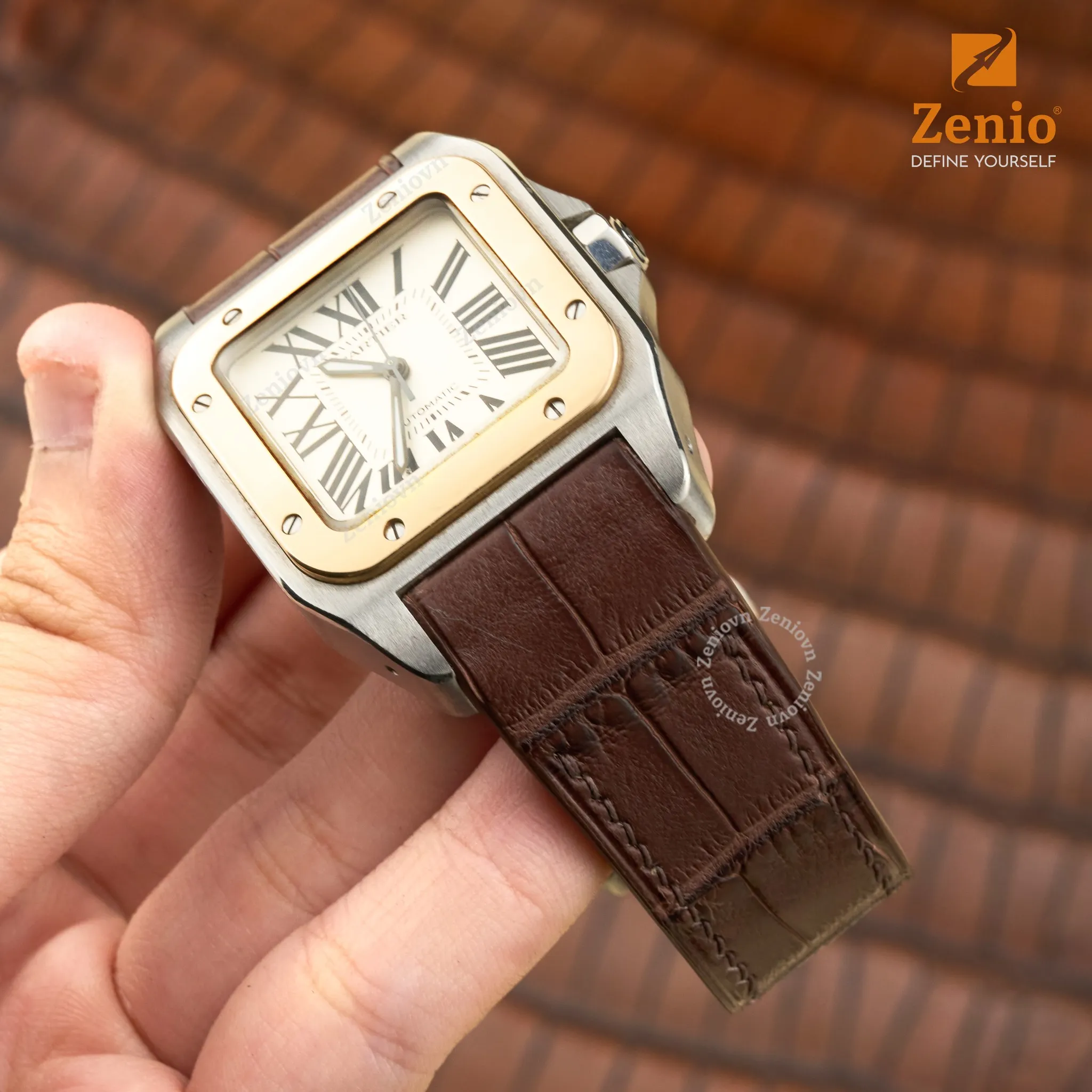 Dây đồng hồ Da cá sấu Màu Nâu Nicotin cho đồng hồ Cartier Santos 4