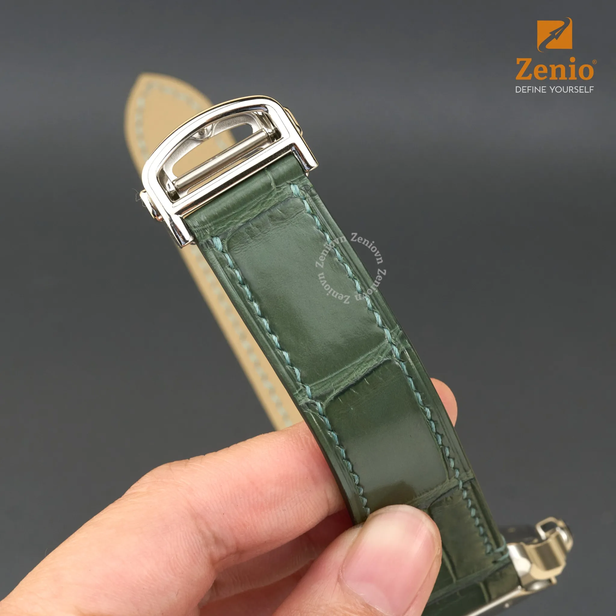 Dây đồng hồ Da cá sấu Màu Xanh Khaki cho đồng hồ Cartier Santos 4