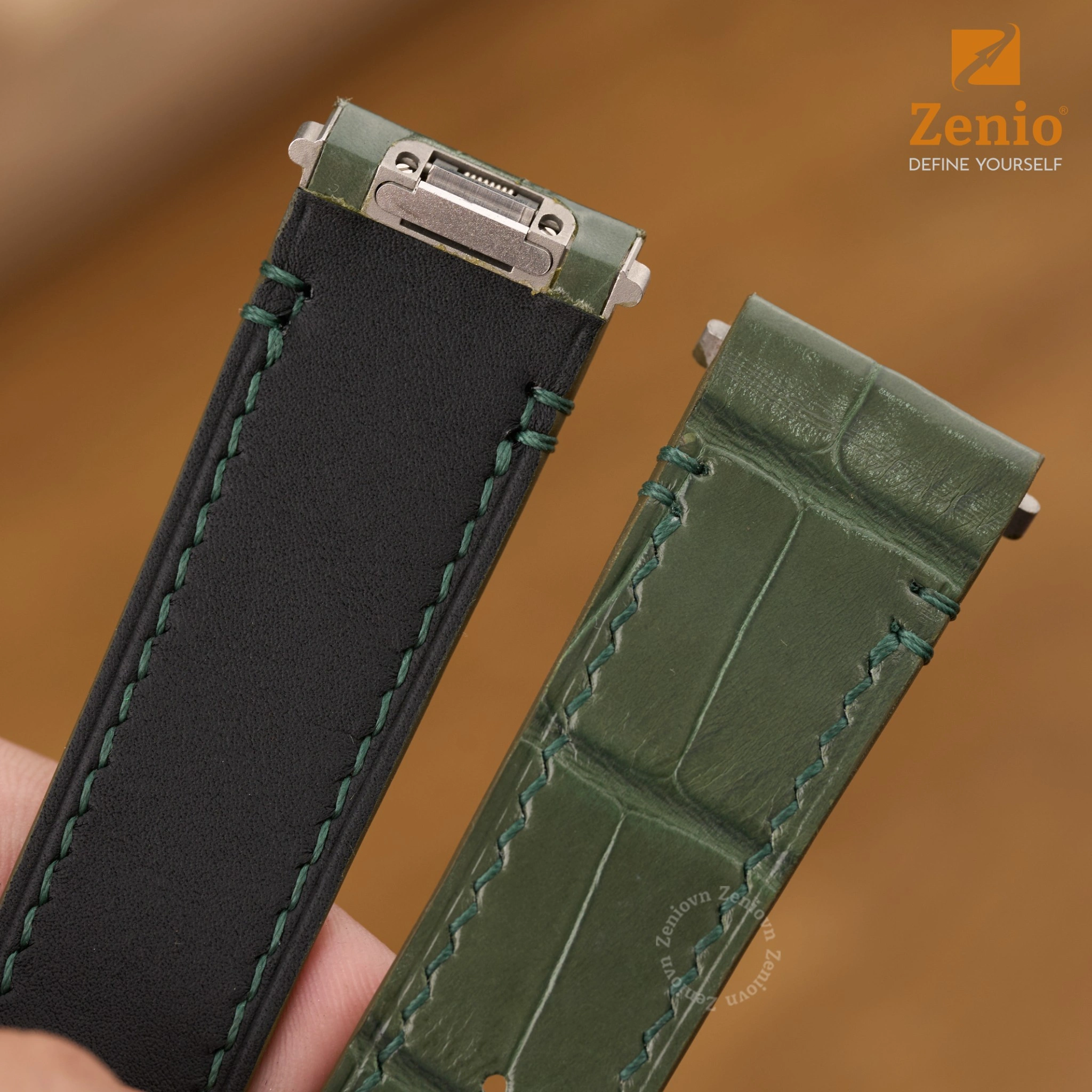 Dây đồng hồ Da cá sấu Màu Xanh Khaki thay thế cho Cartier Santos 2