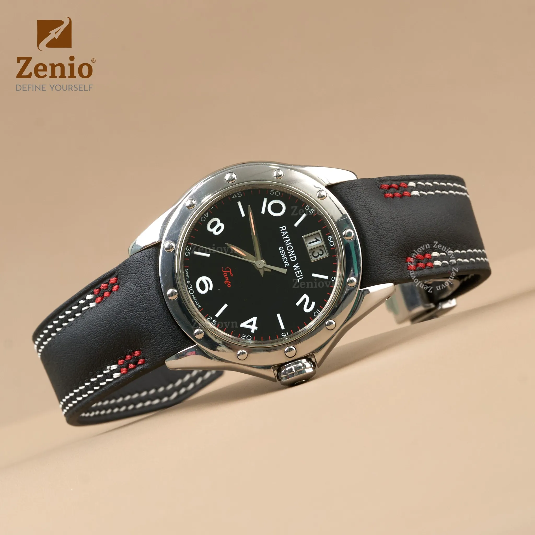 Dây đồng hồ da Nappa Màu đen may 2 đường chỉ cho đồng hồ Raymond Weil