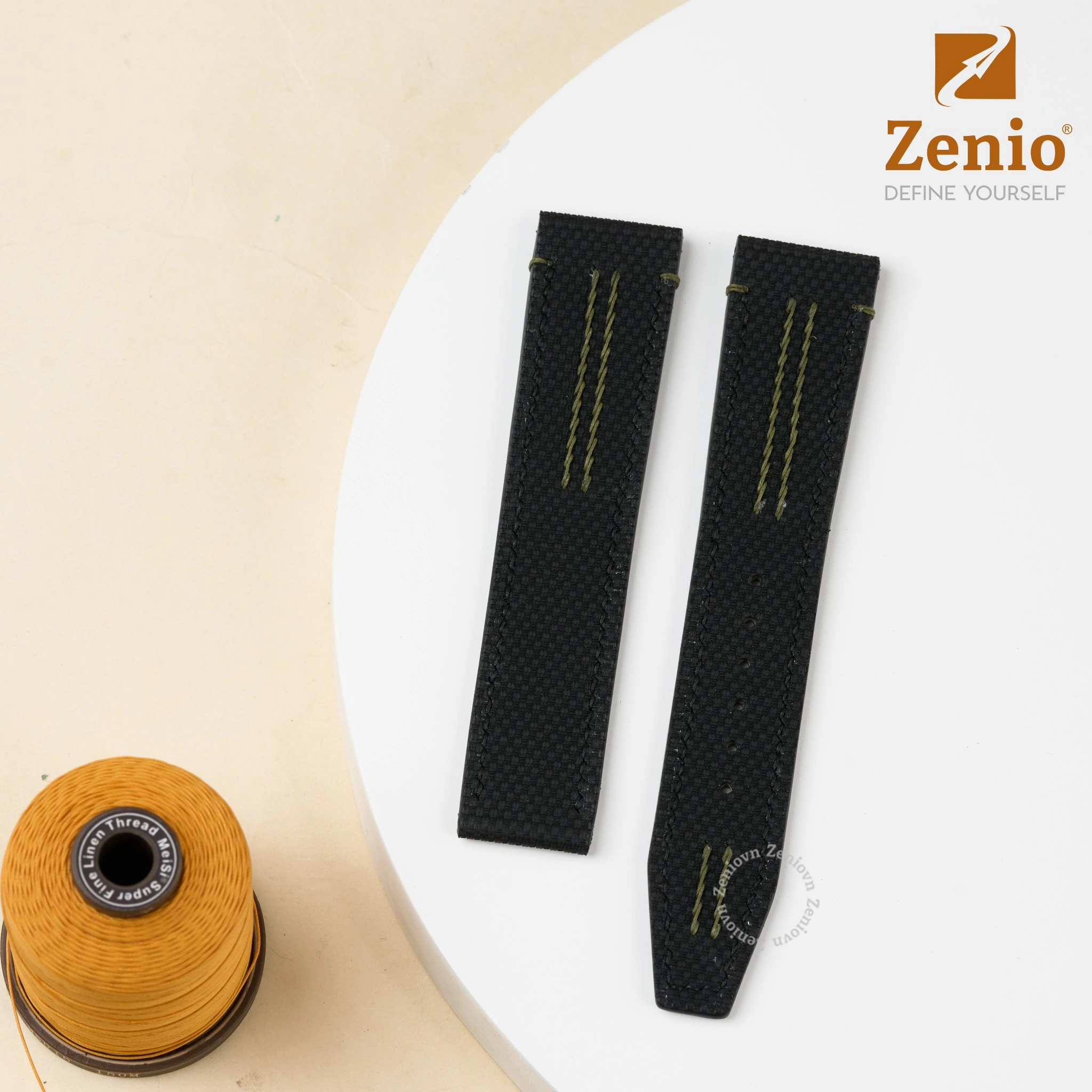 Dây da FKM Sailcloth màu đen chỉ xanh Olive cho đồng hồ Omega Seamaster