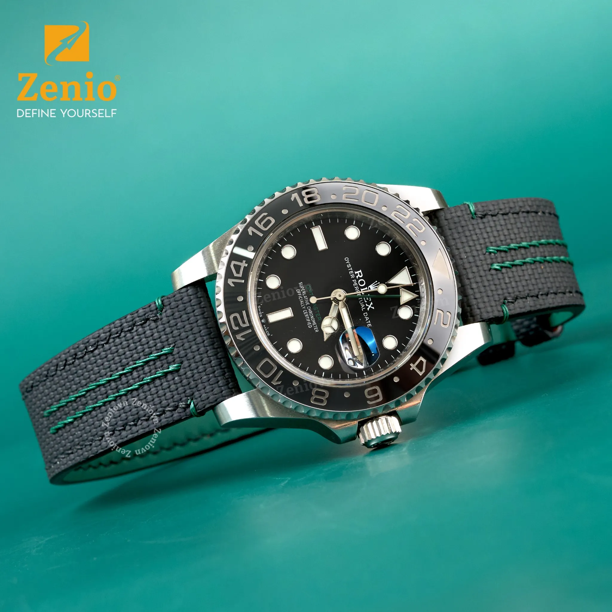 Dây đồng hồ Da FKM Màu đen chỉ xanh lá cho đồng hồ Rolex GMT - Master ll 3