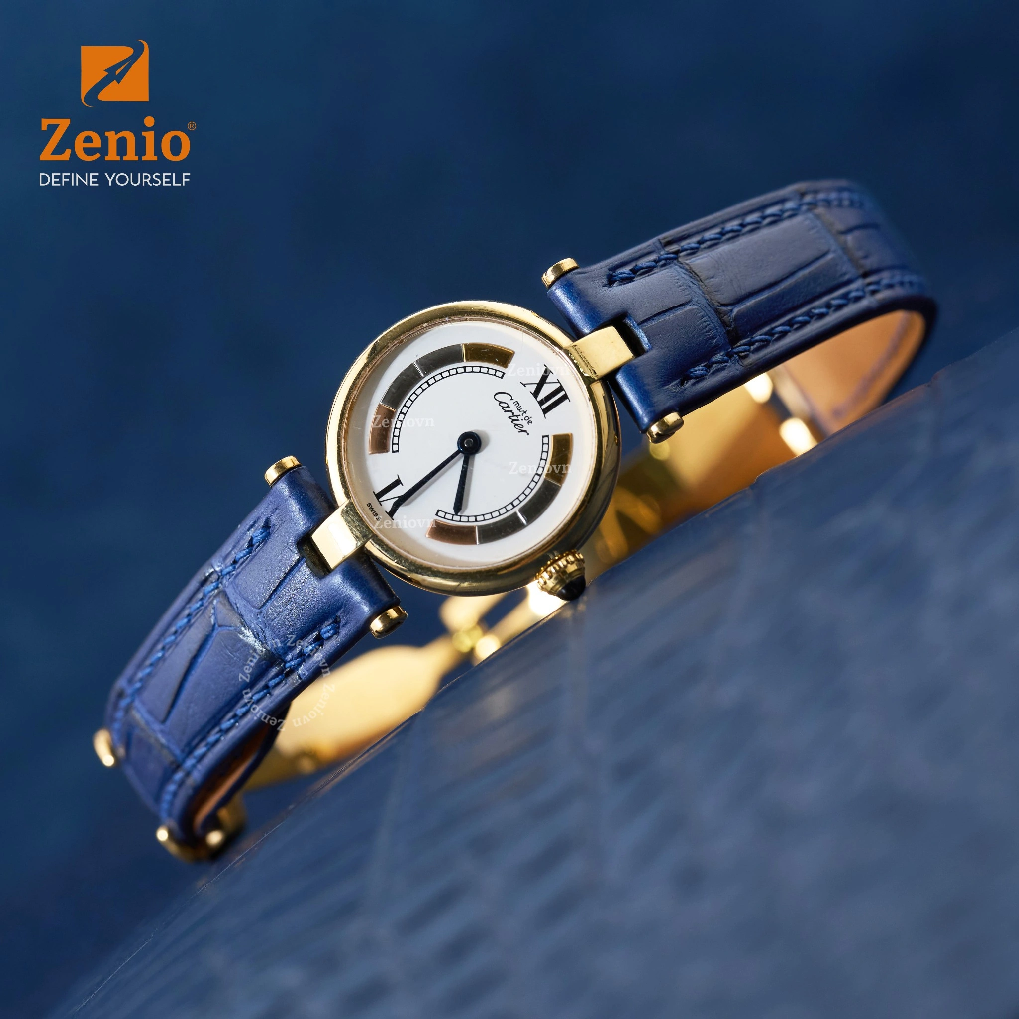 Dây đồng hồ Da Cá sấu màu Xanh Navy cho đồng hồ Must de Cartier