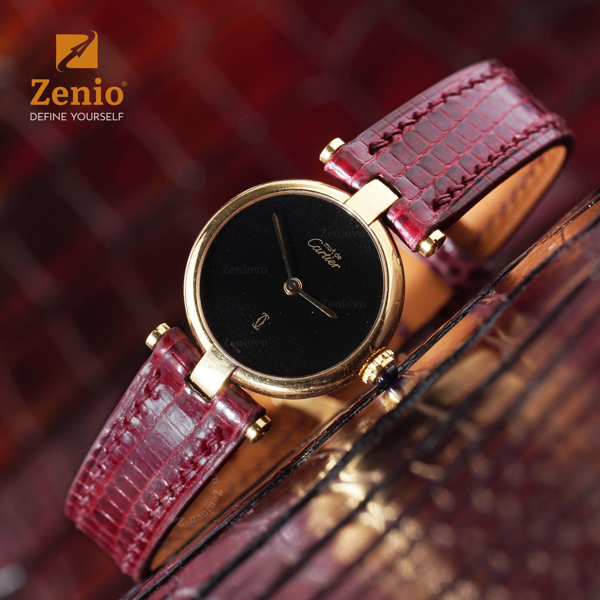 Dây đồng hồ Da kì đà màu Burgundy cho đồng hồ Must de Cartier