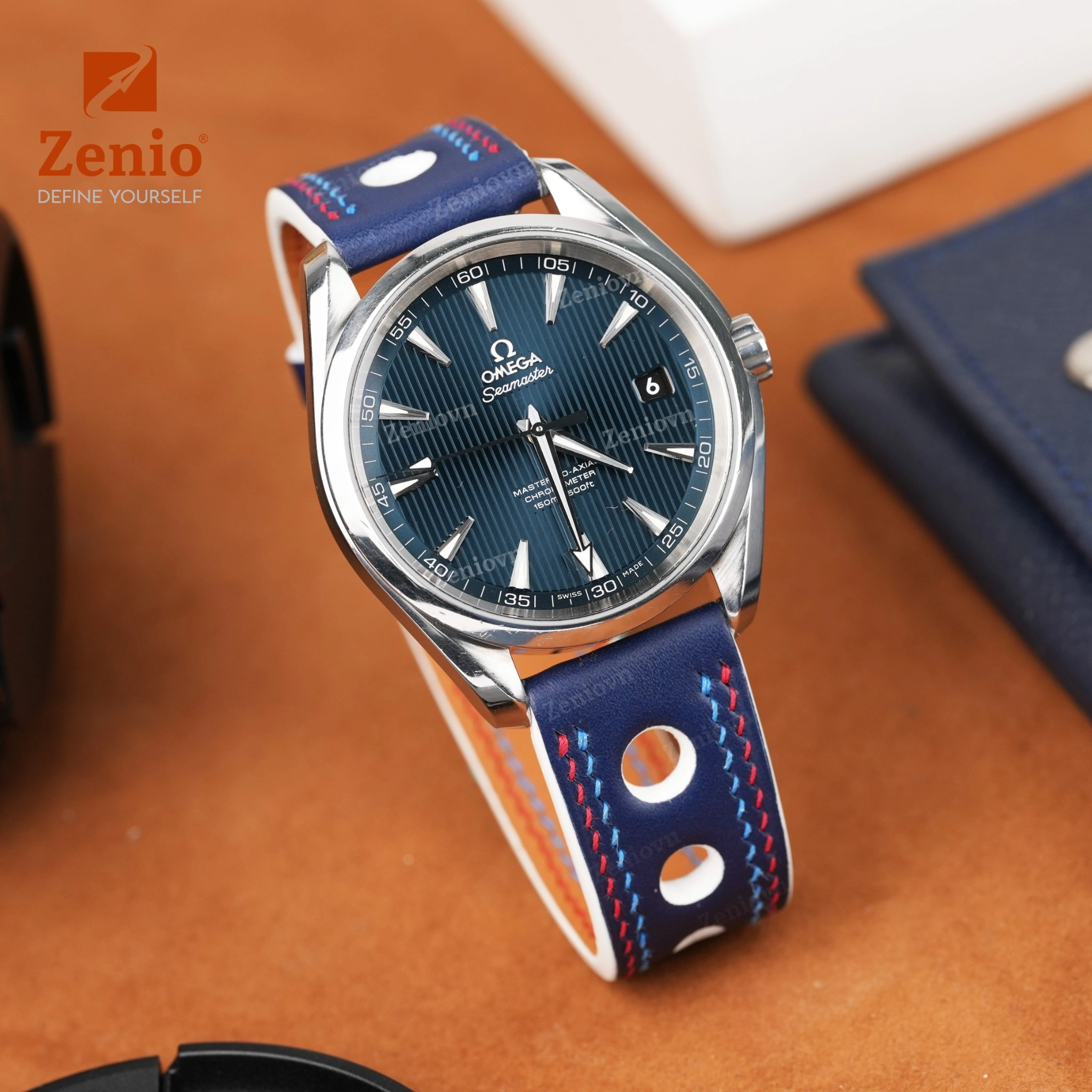 Dây da đồng hồ Swift Rally Màu xanh navy Phối 2 đường chỉ xanh đỏ 3