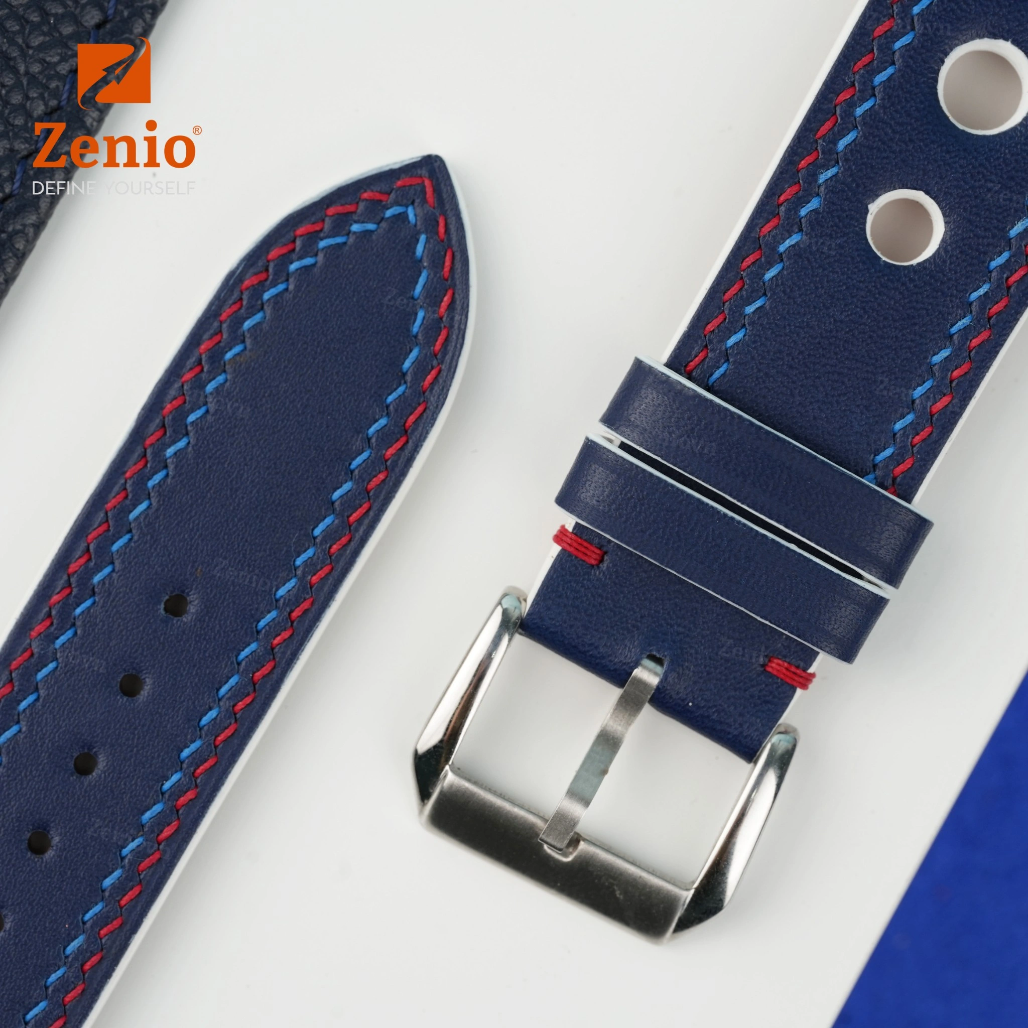 Dây da đồng hồ Swift Rally Màu xanh navy Phối 2 đường chỉ xanh đỏ 4