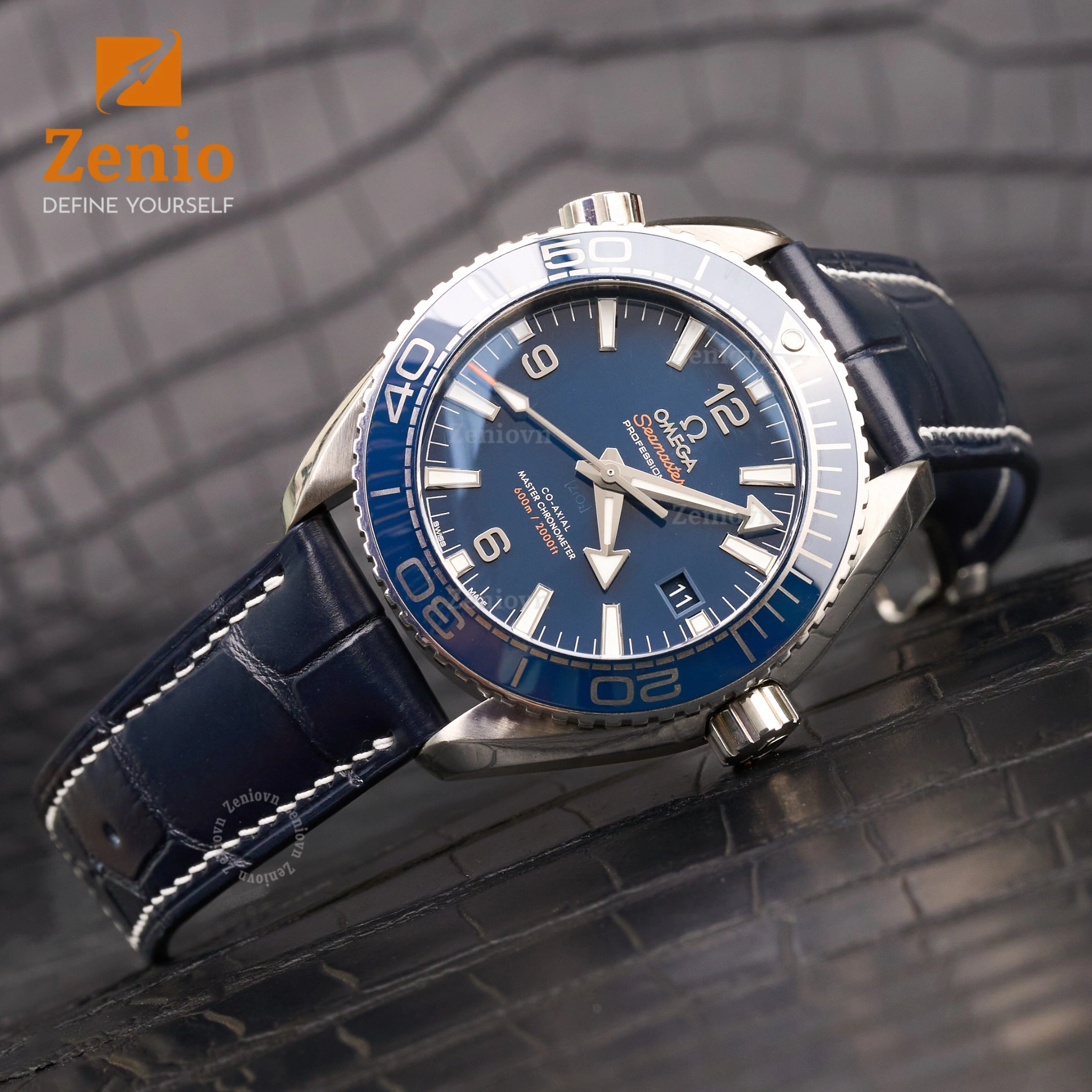 Dây da đồng hồ Cá sấu Màu Navy thay thế cho Omega Seamaster Planet Ocean 3