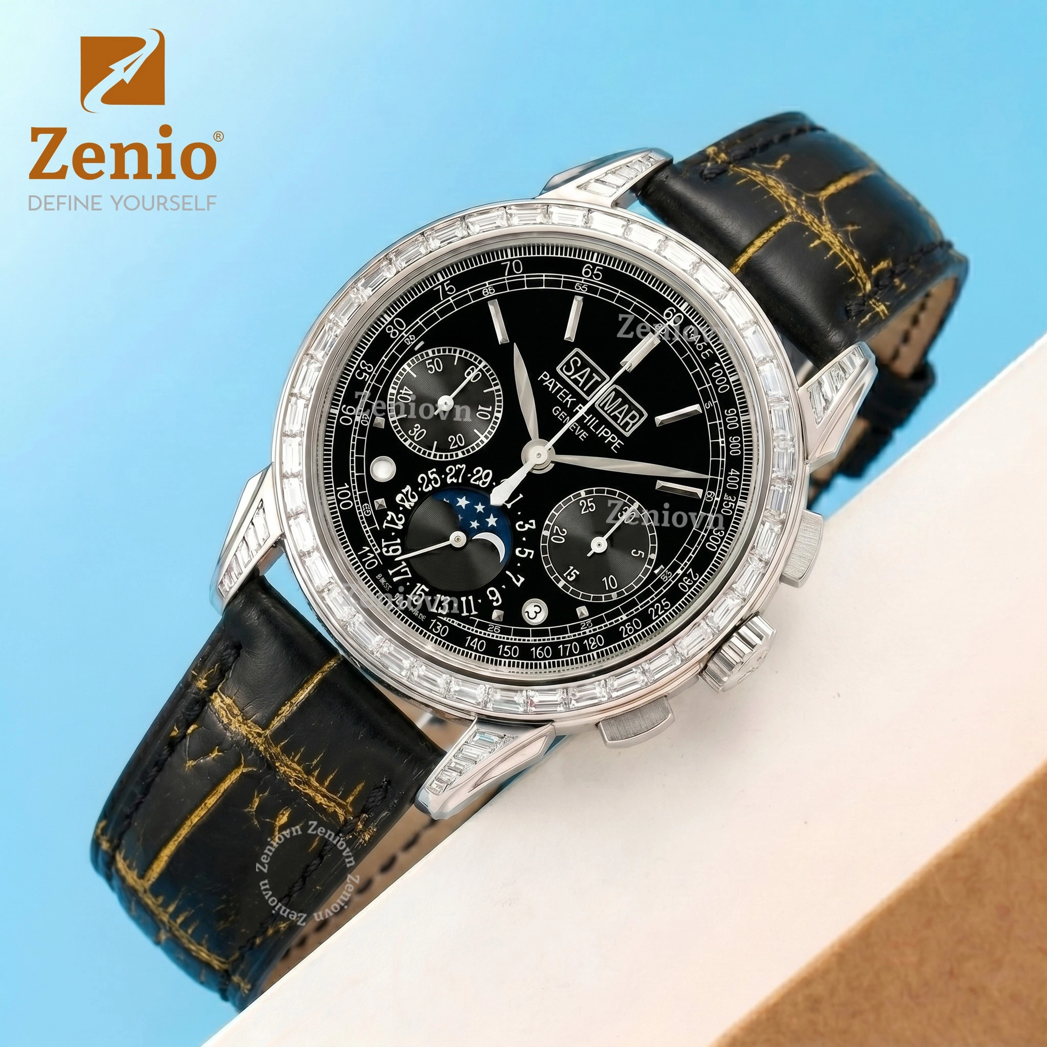 Dây da đồng hồ Cá sấu màu Đen Gold thay thế cho Patek Phillipe Complication 2