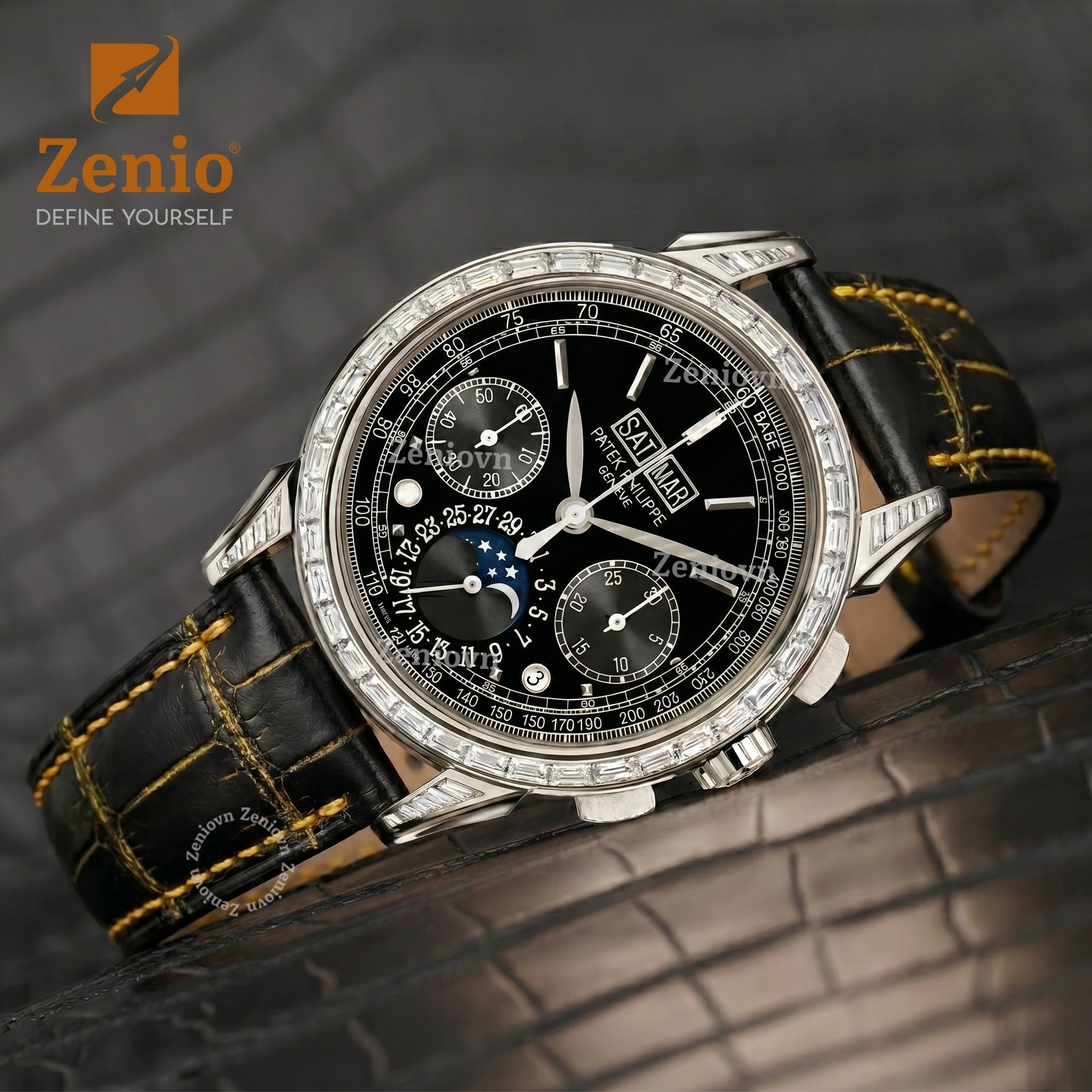 Dây da đồng hồ Cá sấu màu Đen Gold thay thế cho Patek Phillipe Complication 4