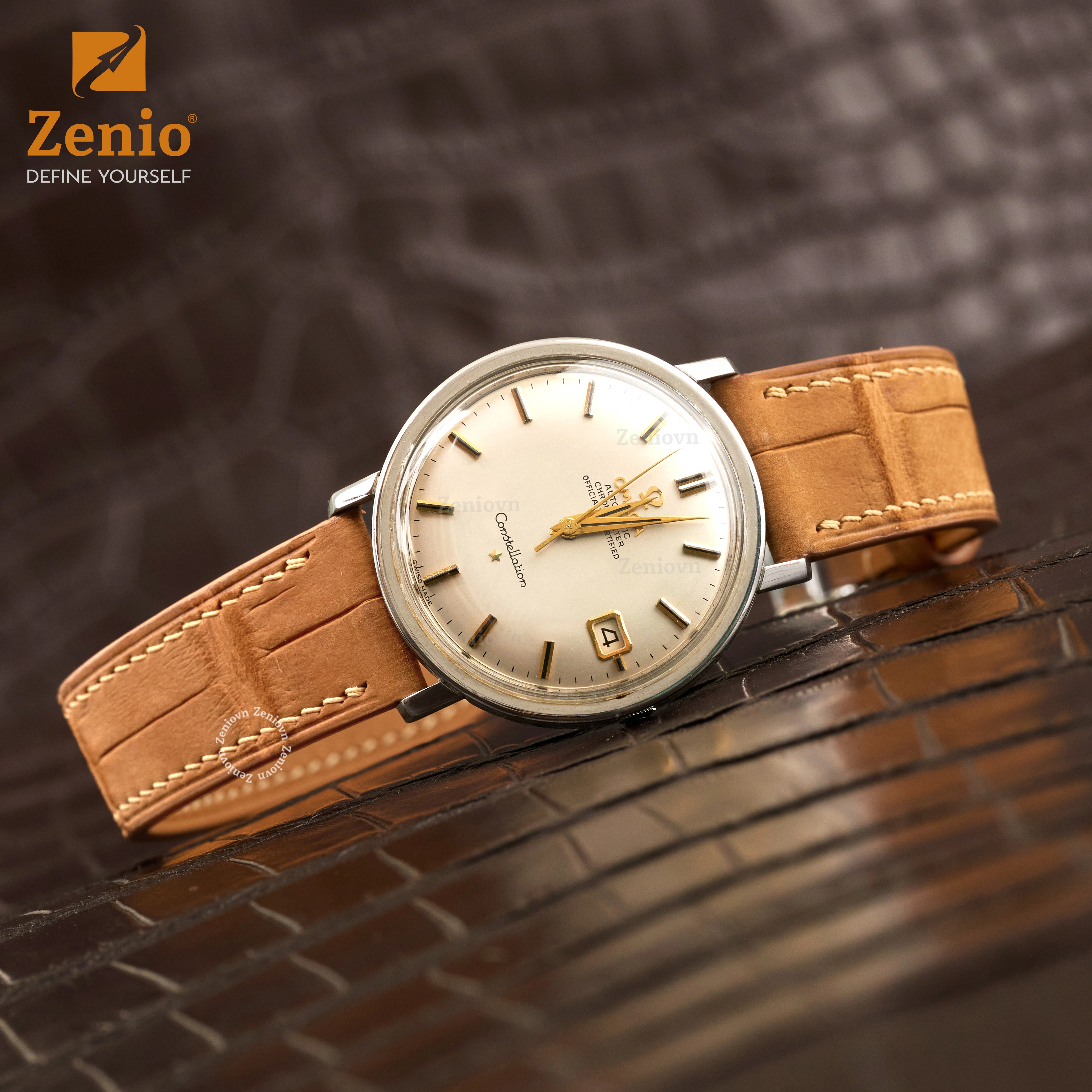 Dây da đồng hồ Cá sấu Màu Nubuck Cam cho Omega Constellation (4)