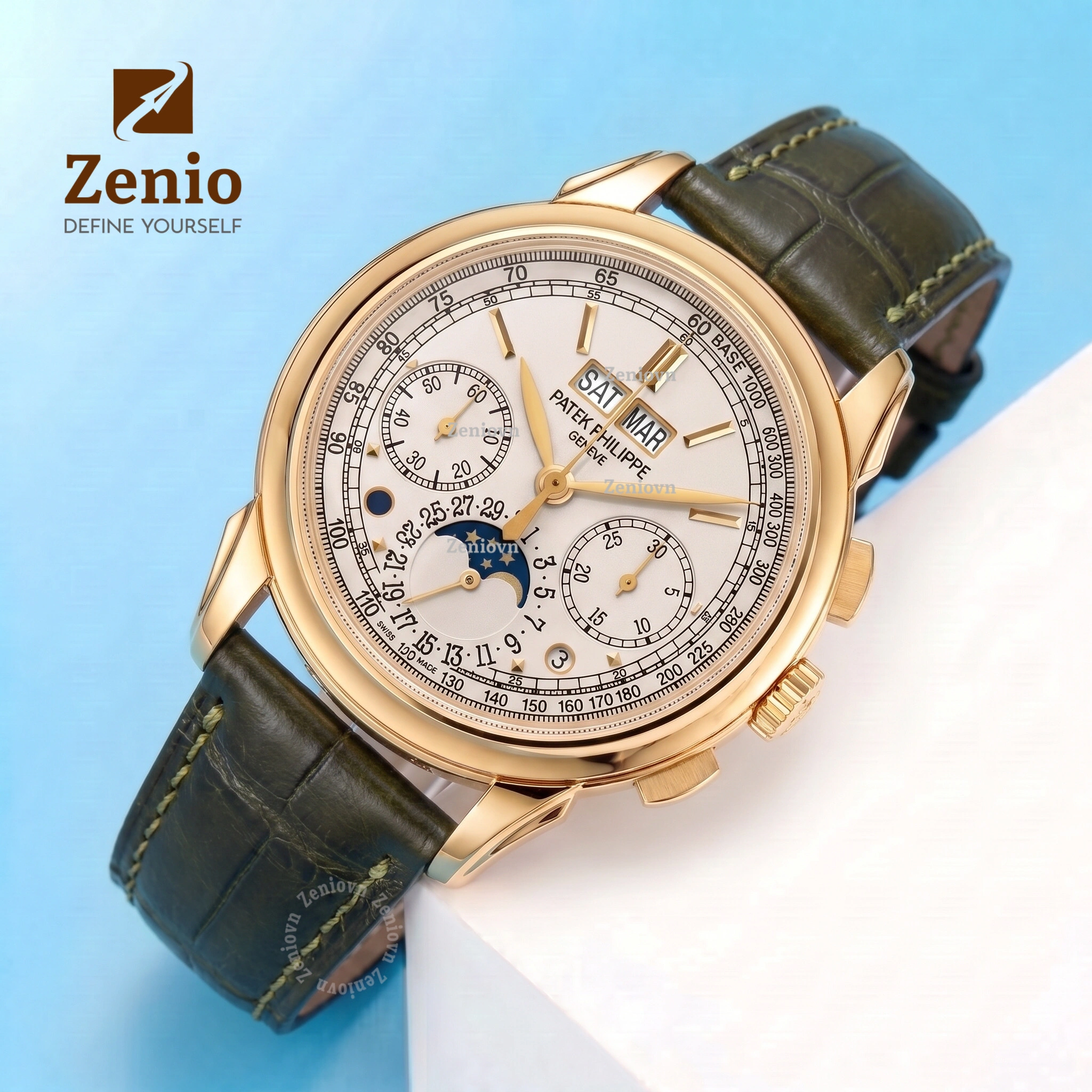 Dây da đồng hồ Cá sấu màu Đen Olive thay thế cho Patek Philippe Complications (5)