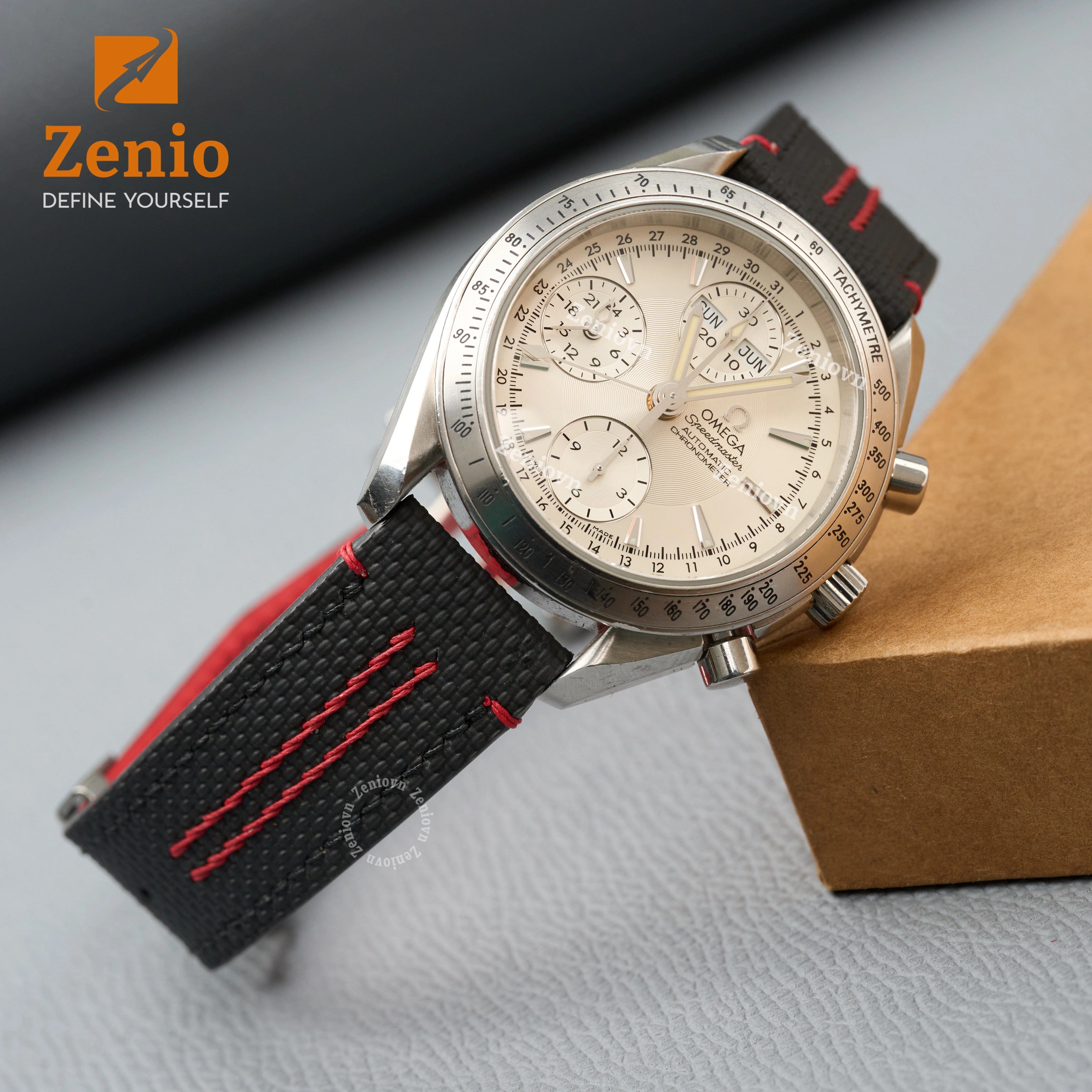 Dây da đồng hồ FKM Saicloth Đen phối chỉ thể thao màu đỏ cho Omega Speedmaster (1)