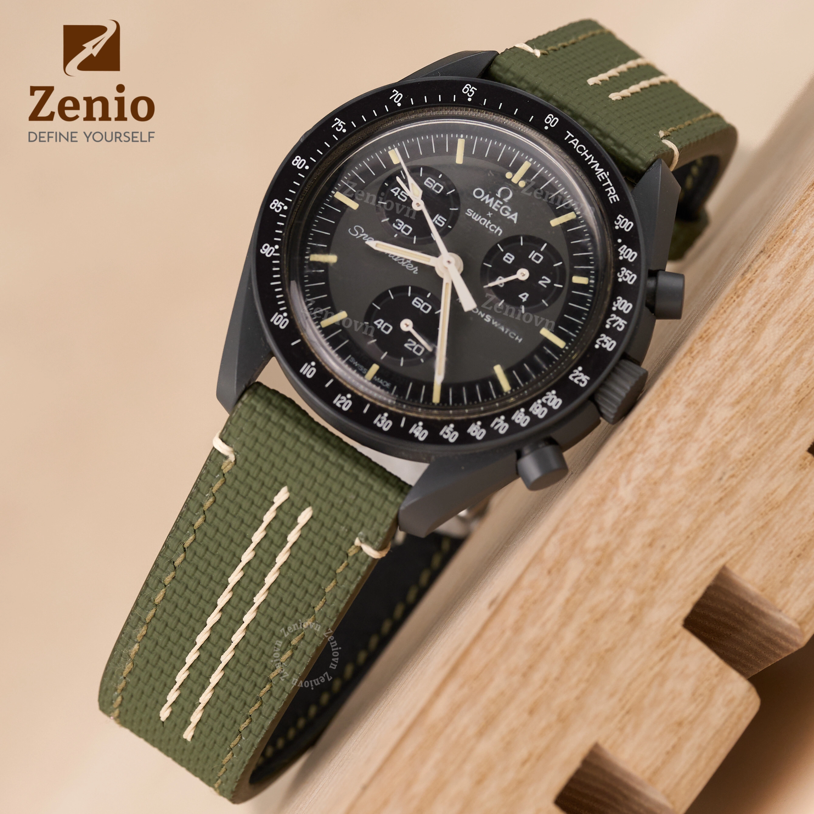 Dây da đồng hồ thay thế cho Omega x Swatch Bioceramic Moonswatch Mission to Mercury - Dây Da FKM Sailcloth Màu Olive