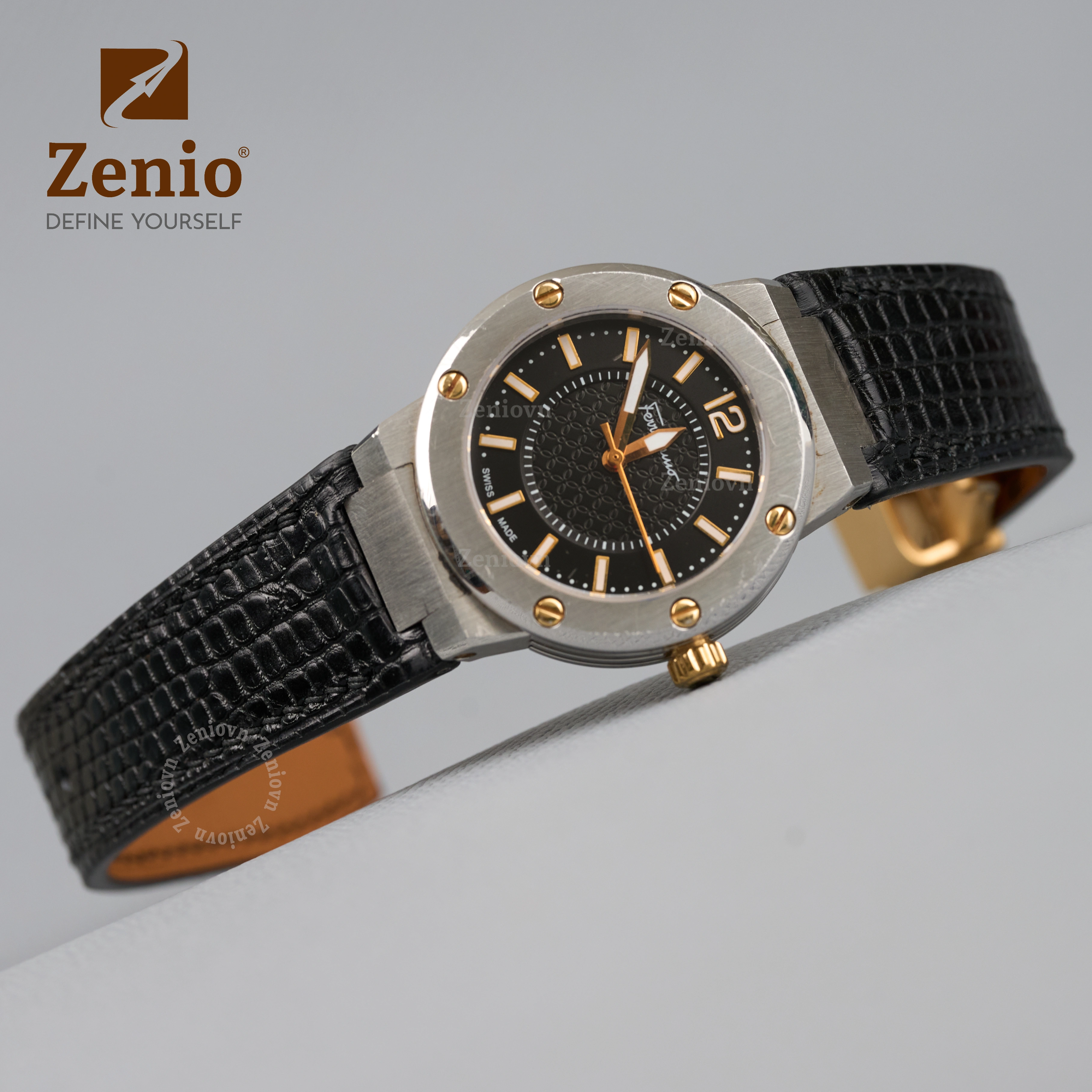 Dây da đồng hồ thay thế cho Salvatore Ferragamo F-80 - Dây Da Kì Đà Màu Đen