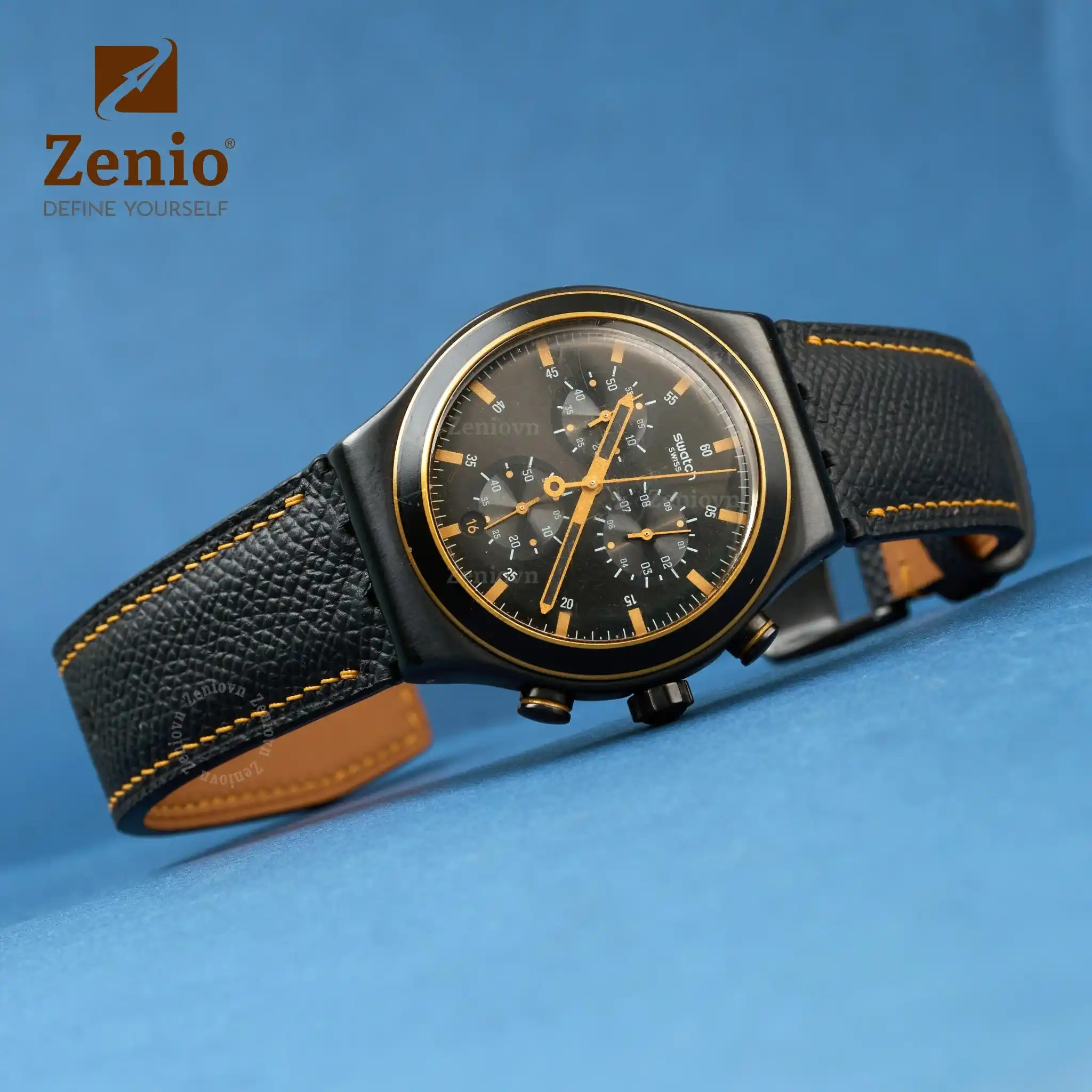 Dây da đồng hồ thay thế cho  Swatch Irony New Chrono Noho Time - Dây Da Epsom Màu Đen